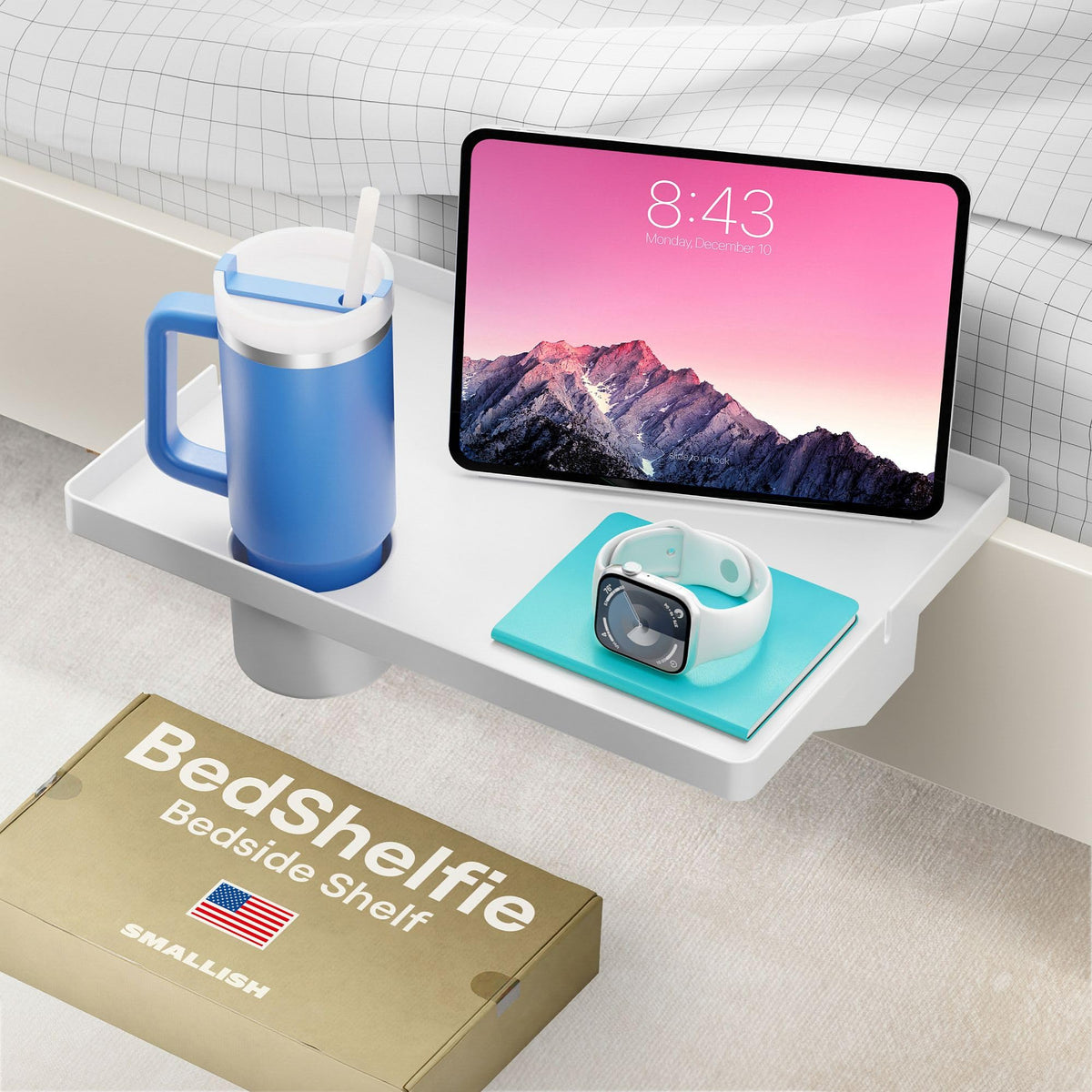 Bedshelfie Bedside Shelf For Bunk Bed & Top Bunk, College Dorm Room Essentials, Clip On Nightstand, Bed Side Table Tray Organizer - Cup Holder, White