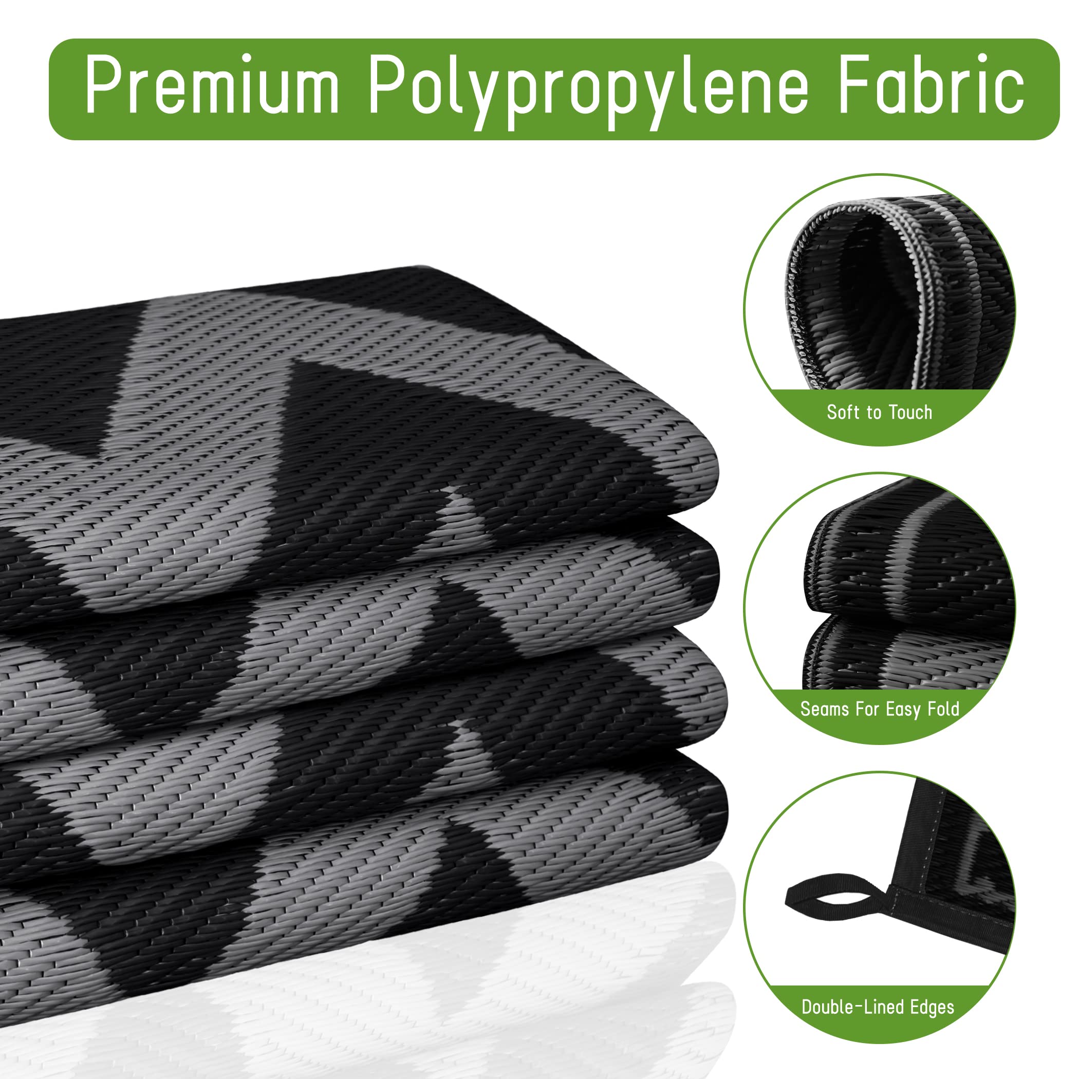 Easy-Going Reversible Outdoor Rugs 6X9Ft Waterproof Plastic Straw Rug Stain & Uv Resistant Floor Mat For Patio Porch Rv Backyard Pool Deck Picnic Beach Trailer Camping (Waved Black & Grey)