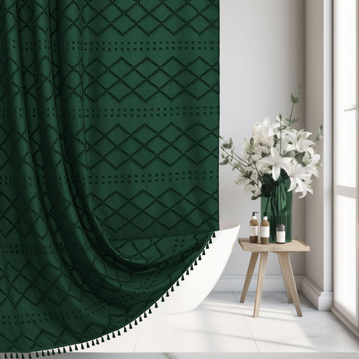 Siiluminisoy Extra Long Dark Green Boho Shower Curtain Woven Fabric Cute 84 Inch Shower Curtain, 72 X 84 Tufted Chevron Textured
