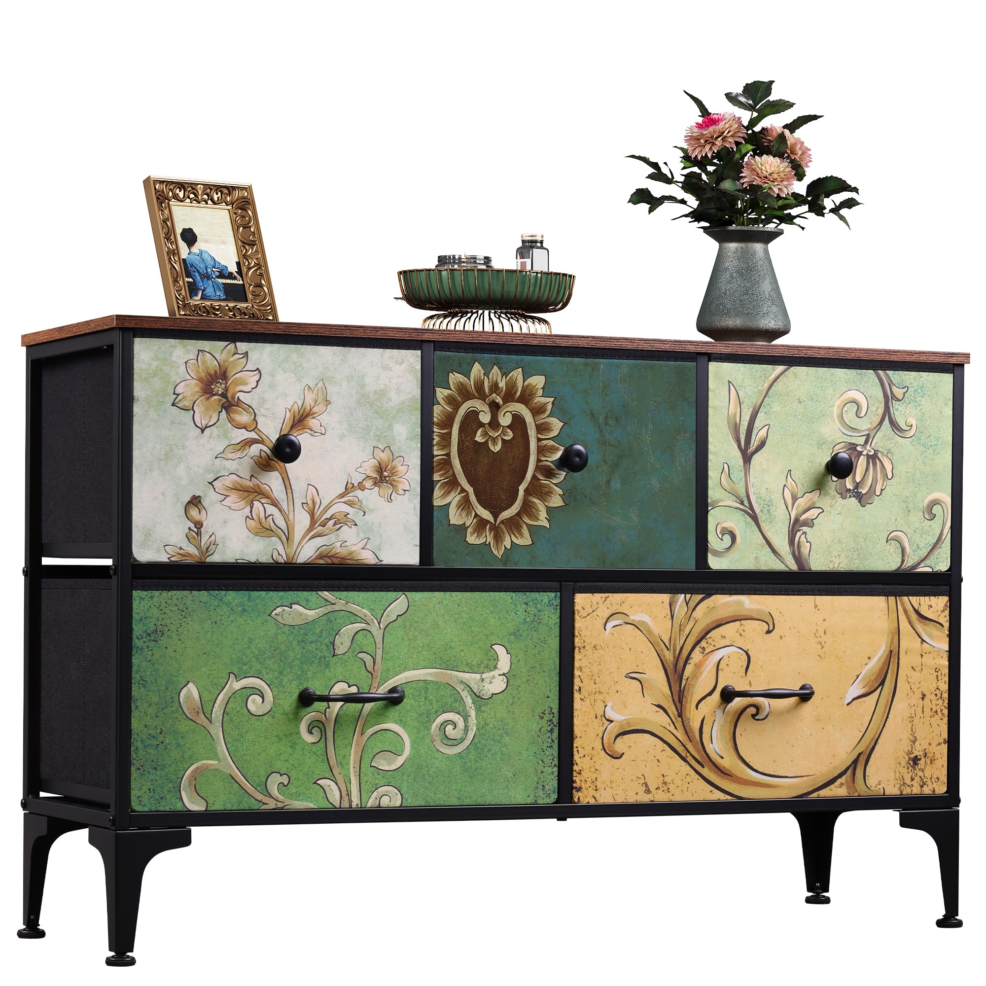 Wlive Dresser For Bedroom With 5 Drawers, Wide Chest Of Drawers, Fabric Dresser, Storage Organizer Unit With Fabric Bins For Closet, Living Room, Hallway, Floral Painted