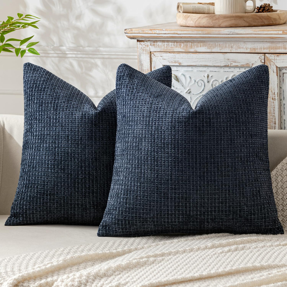 Miulee Pack Of 2 Navy Blue Decorative Pillow Covers 18X18 Inch Soft Chenille Couch Throw Pillows Farmhouse Cushion Covers For Ho