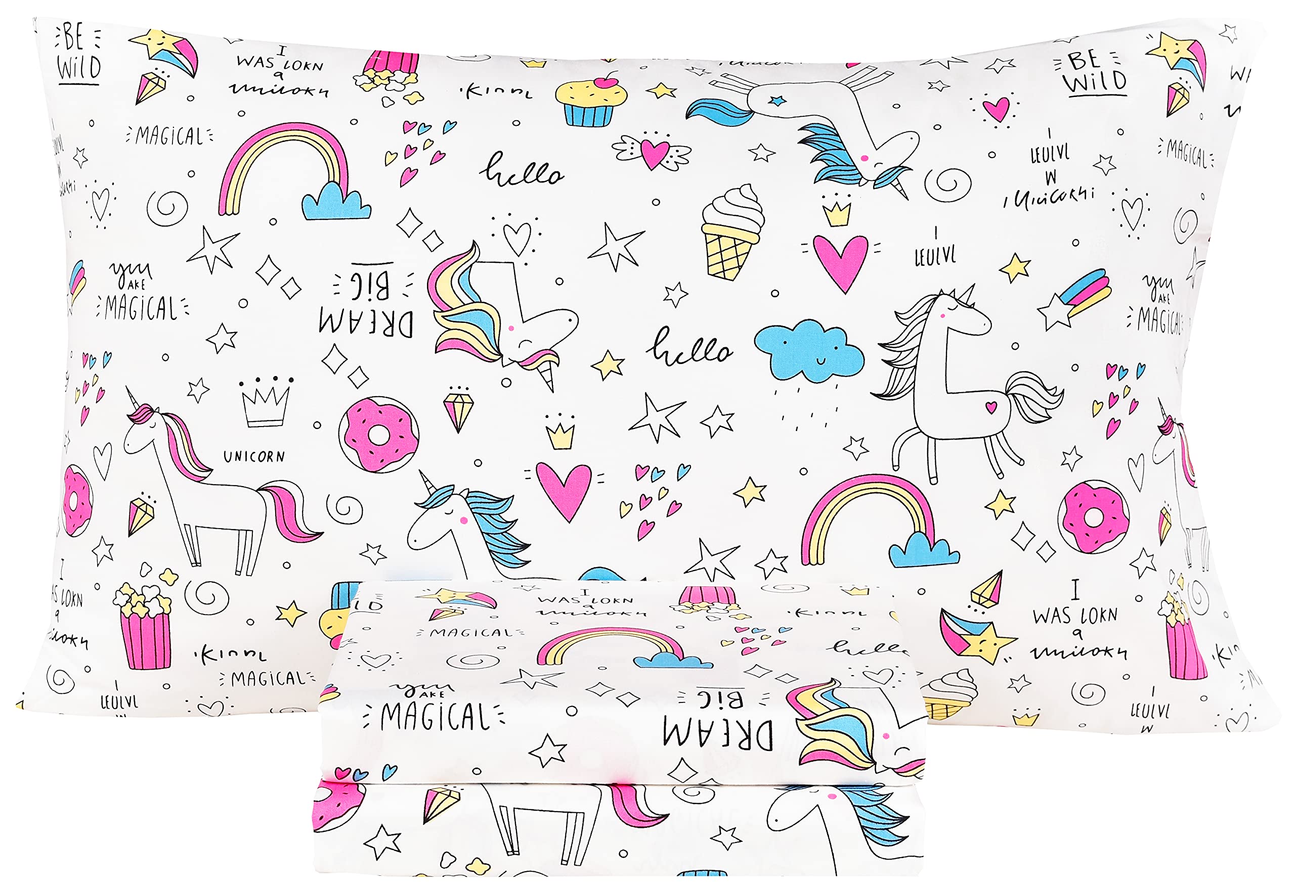 Scientific Sleep Unicorn Like Doughnut Rainbow Cake Popcorn 100% Cotton Cozy Twin Bed Sheet Set, Flat Sheet & Fitted Sheet & Pil