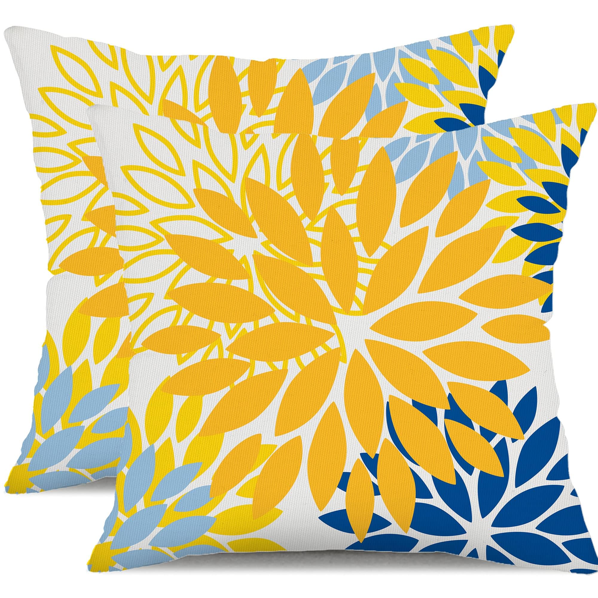 Dfxsz Yellow Blue Flower Pillow Covers 18X18 Inch Set Of 2 White Gray Colored Throw Pillows Outdoor Waterproof Decor For Living