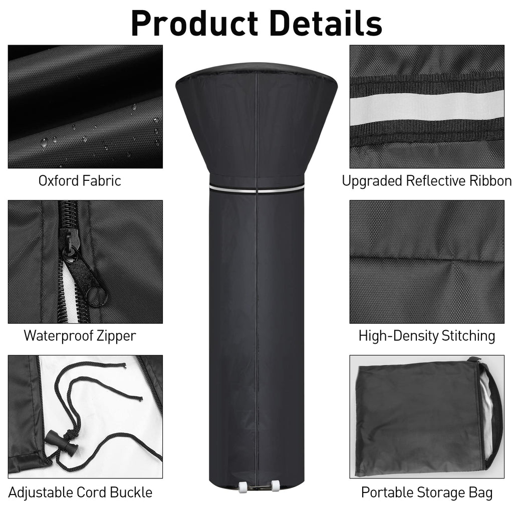 Patio Heater Covers With Reflective Strip,Outdoor Heater Cover Waterproof,Dustproof,Wind-Resistant,Sunlight-Resistant,Snow-Resistant,Black,89.5''X 33.5' Dome X 19.5' Base