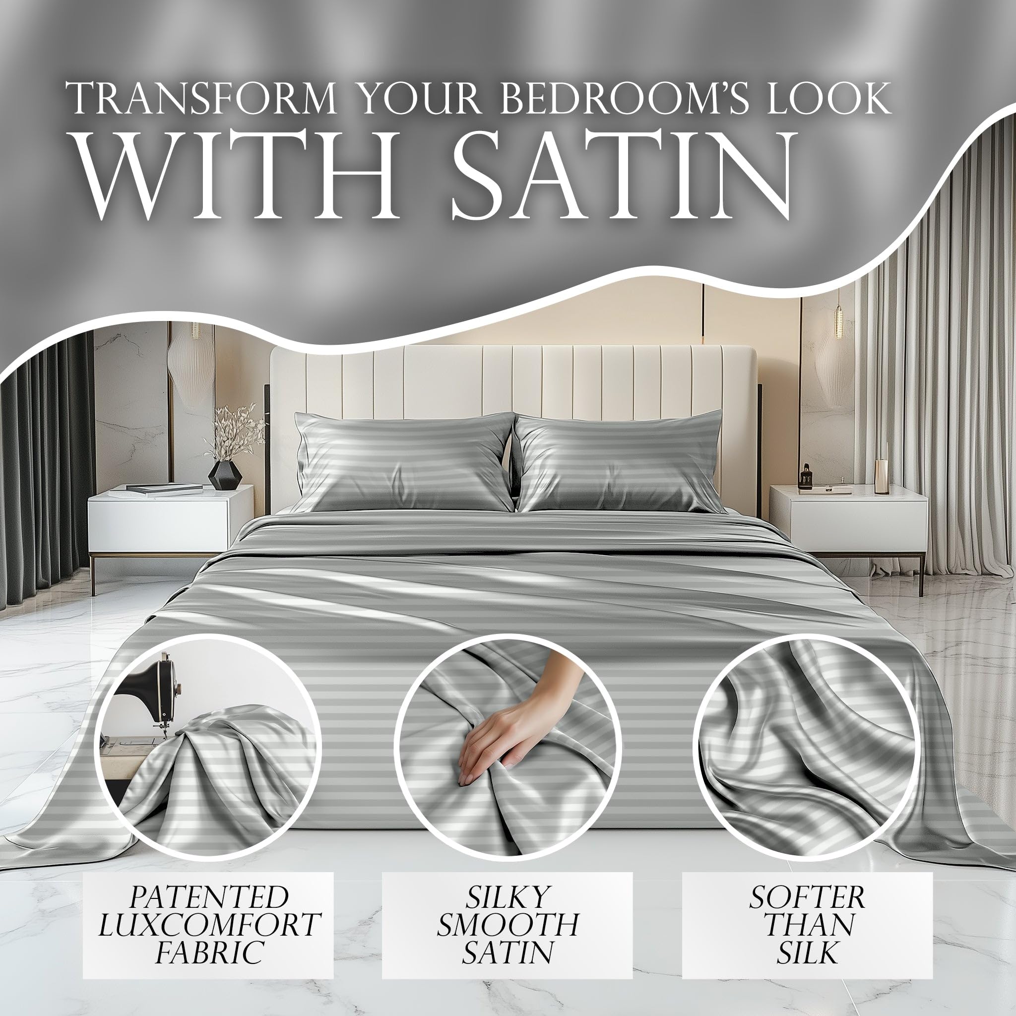 Decolure Striped Satin Sheet Queen Set 6Pc - Luxurious Silk Feel Sheets Queen - All-Season Satin Silky Soft Queen Size Satin Bed