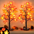 2 Pack 24 Inch Prelit Fall Maple Tree Decor with 48 LED Timer Fall Thanksgiving Decorations Battery Operated Lighted Pumpkin Aco