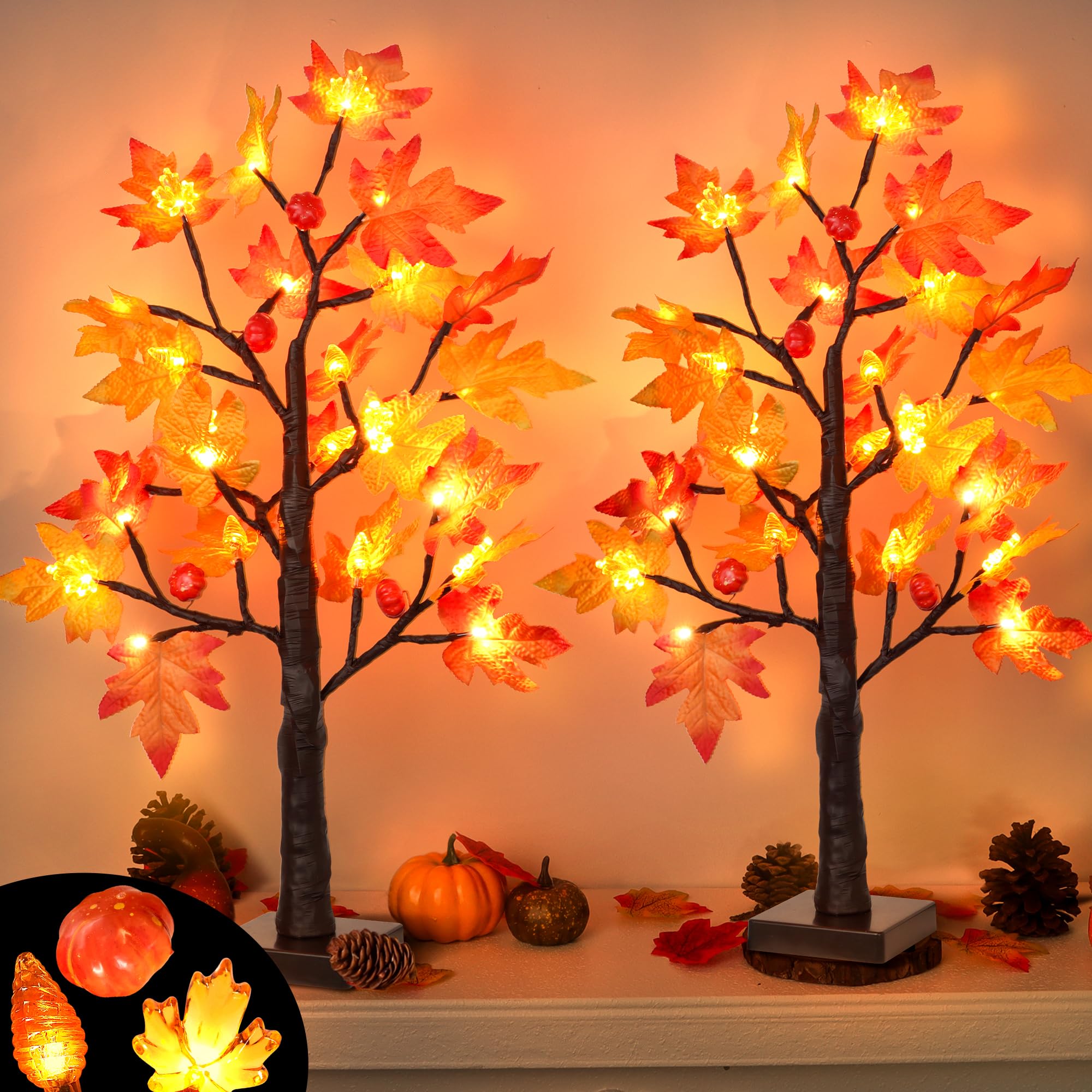2 Pack 24 Inch Prelit Fall Maple Tree Decor with 48 LED Timer Fall Thanksgiving Decorations Battery Operated Lighted Pumpkin Aco
