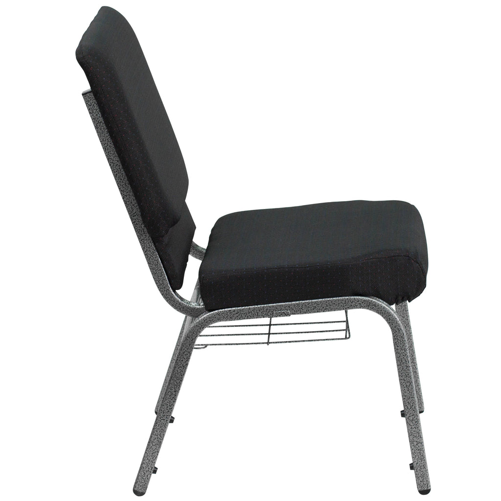 Flash Furniture HERCULES Series 18.5''W Church Chair in Black Patterned Fabric with Cup Book Rack - Silver Vein Frame