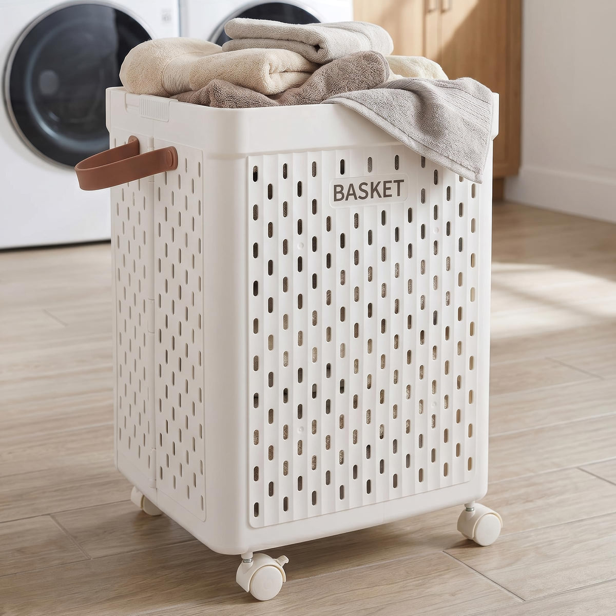 Lavish Home Plastic Laundry Basket with Wheels, White, 65L