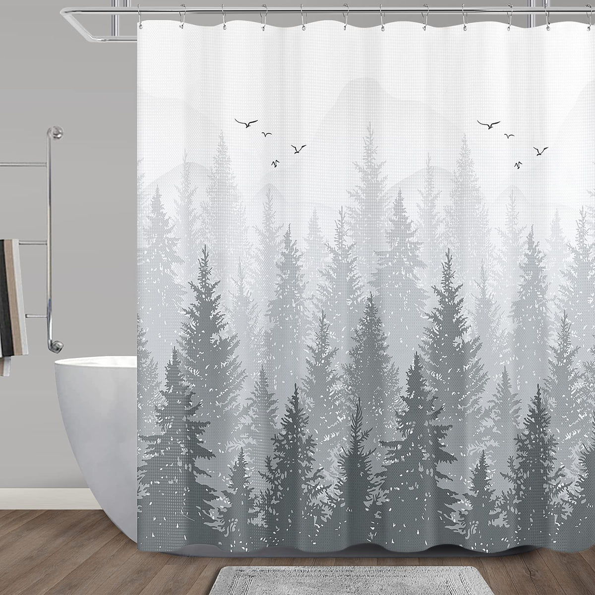 Hokibero Long Shower Curtains 78 Inches Fabric Nature Forest Shower Curtain Water Repellent Washable Gray Mountain Modern Ombre