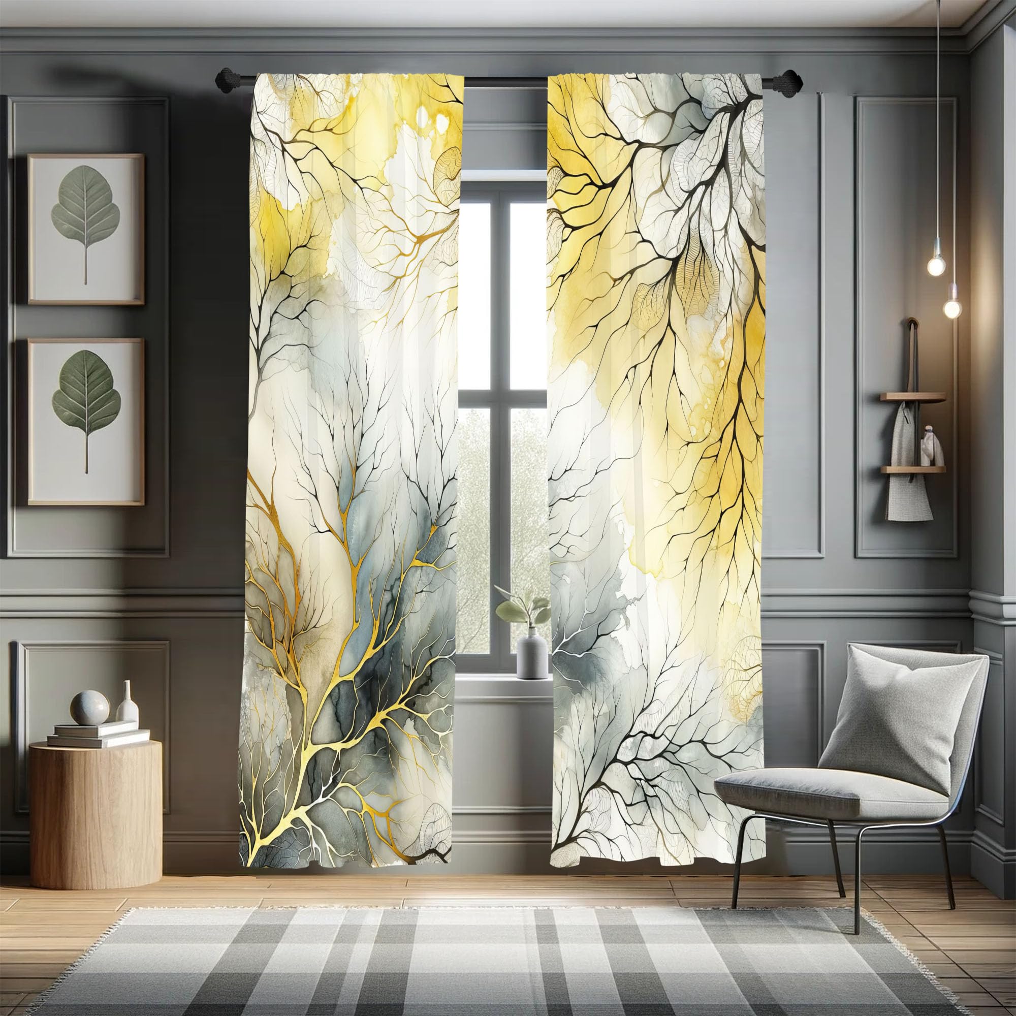 Ambesonne Yellow Window Curtains, Modern Watercolor Look Backdrop With Leafless Branch Huddle Print Boho, Lightweight Decorative