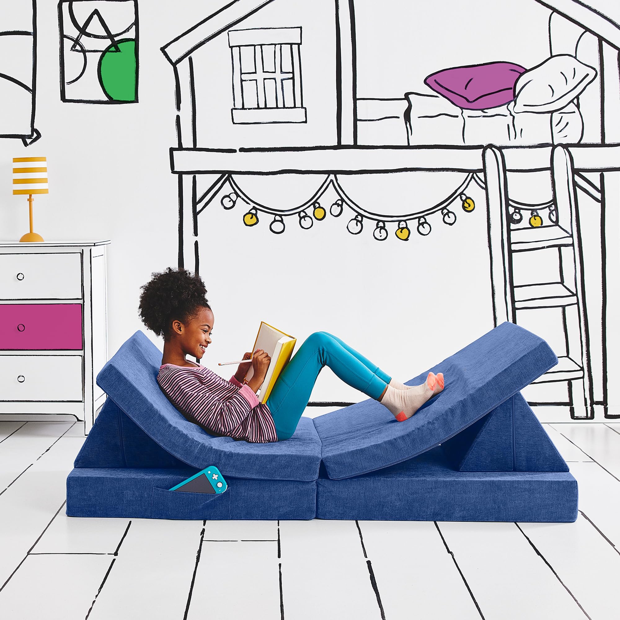 Yourigami Kids and Toddler Play Couch, Convertible Folding Sofa, Durable Foam Modular Design, Sapphire Caves XL