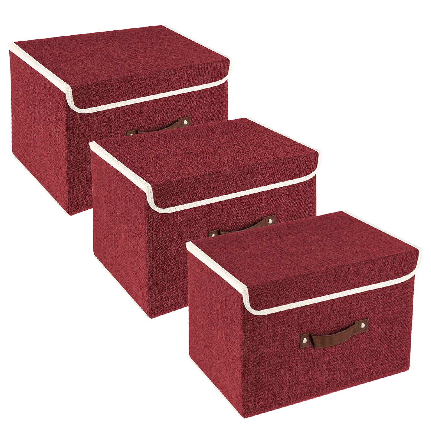 TYEERS Collapsible Storage Boxes, Washable Fabric Storage Bins with Lids, 14.9x9.8x9.8 inches, 3 Pack, Red Wine