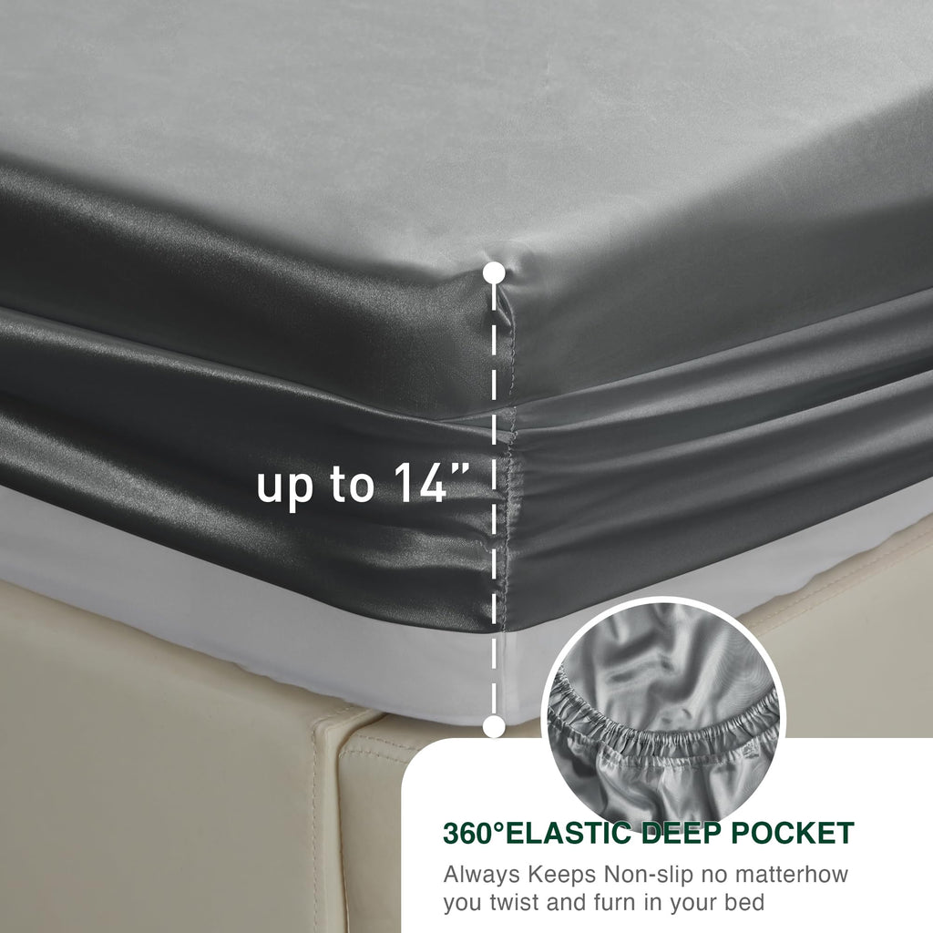 Love'S Cabin Satin Queen Sheets Set - 4 Piece Dark Grey Silky Satin Bed Sheets Queen Set With Deep Pocket, Luxury Silk Feel Satin Queen Size Sheet Set (1 Flat Sheet,1 Fitted Sheet,2 Pillow Cases)