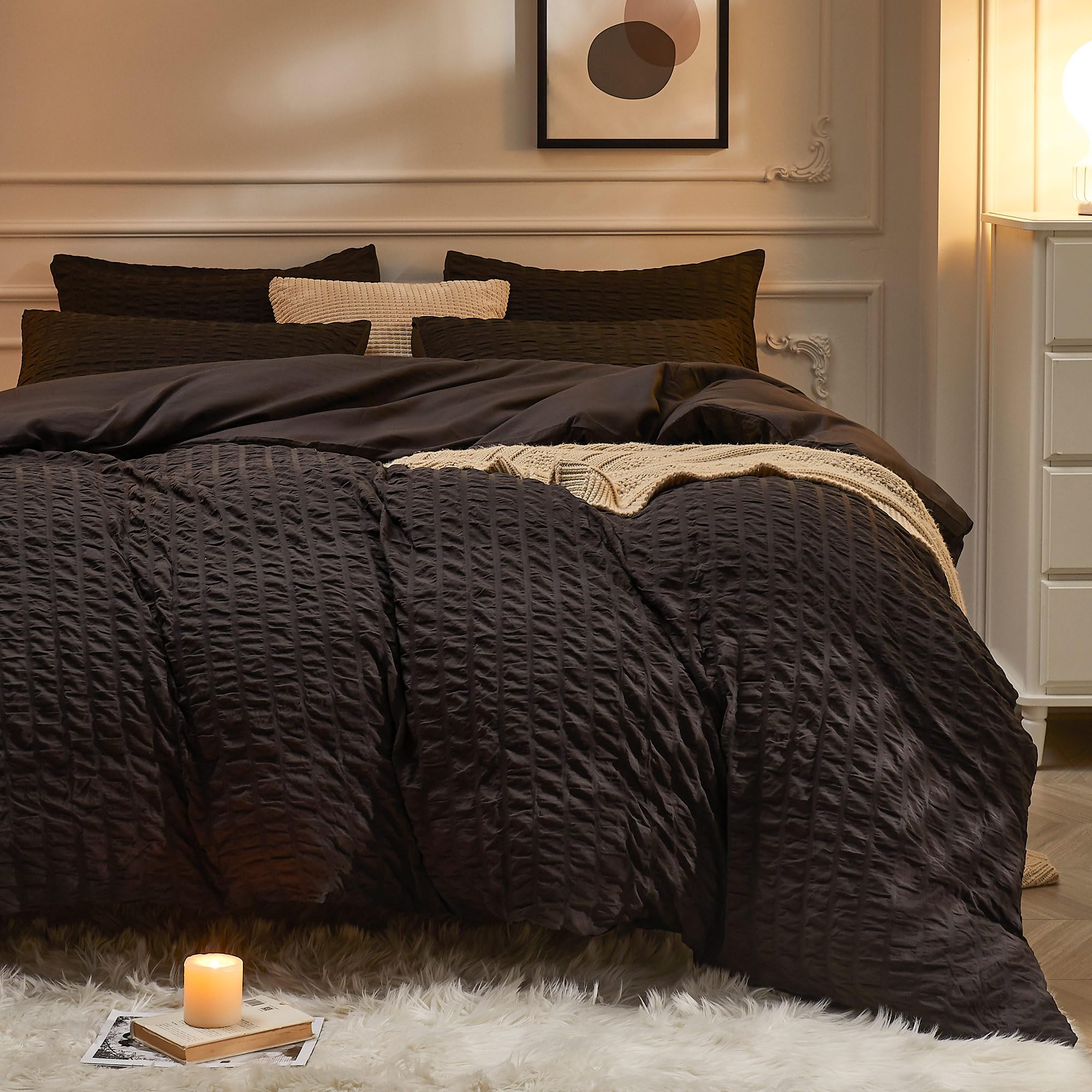 Jellymoni Black Duvet Cover Twin Size, 3Pcs Washed Microfiber Bedding Set, Soft Breathable Seersucker Duvet Cover Set With Zippe