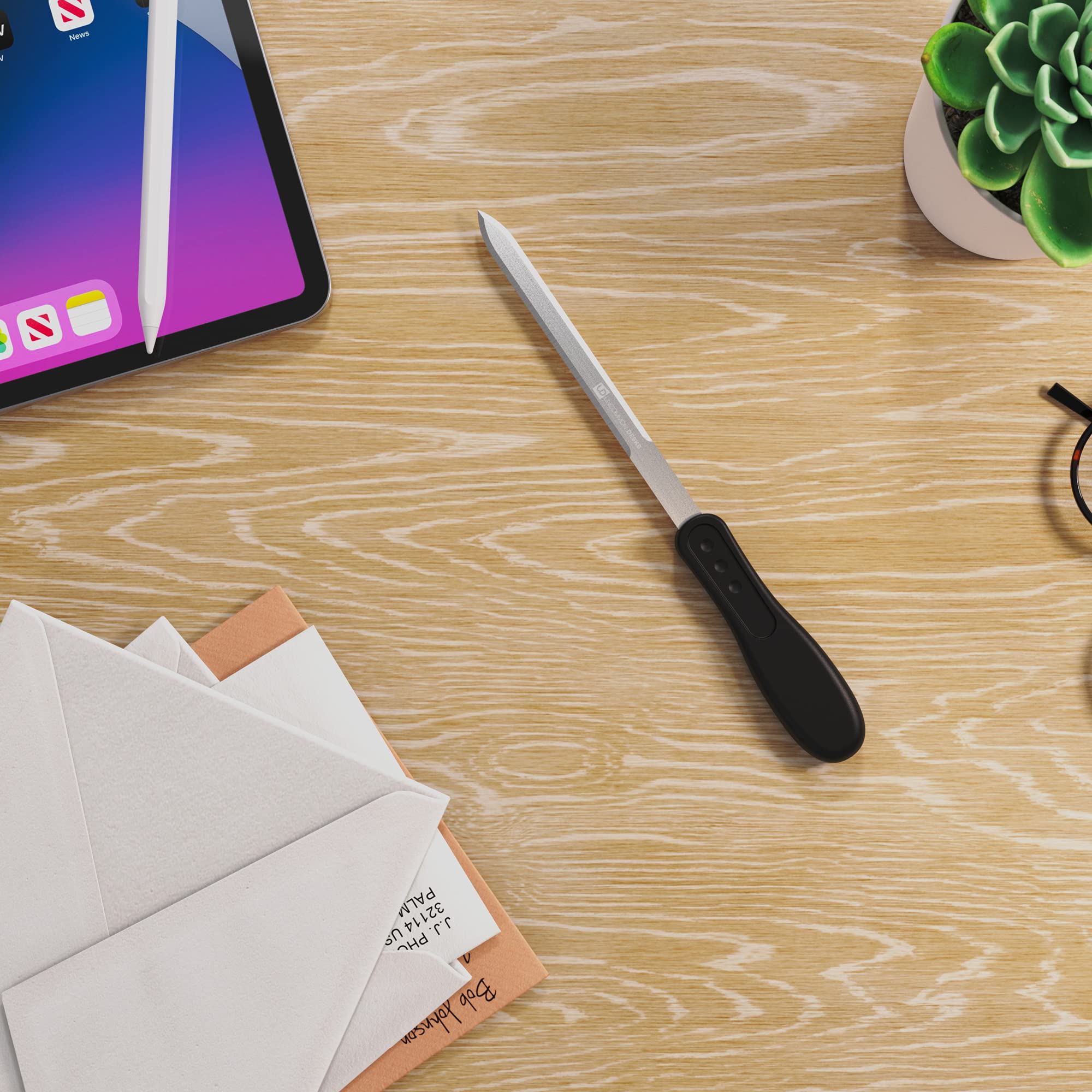 Uncommon Desks Office Letter Opener - Stainless Steel Knife-Edge Blade, Ergonomic Grip Handle (Black, 6 Pieces)