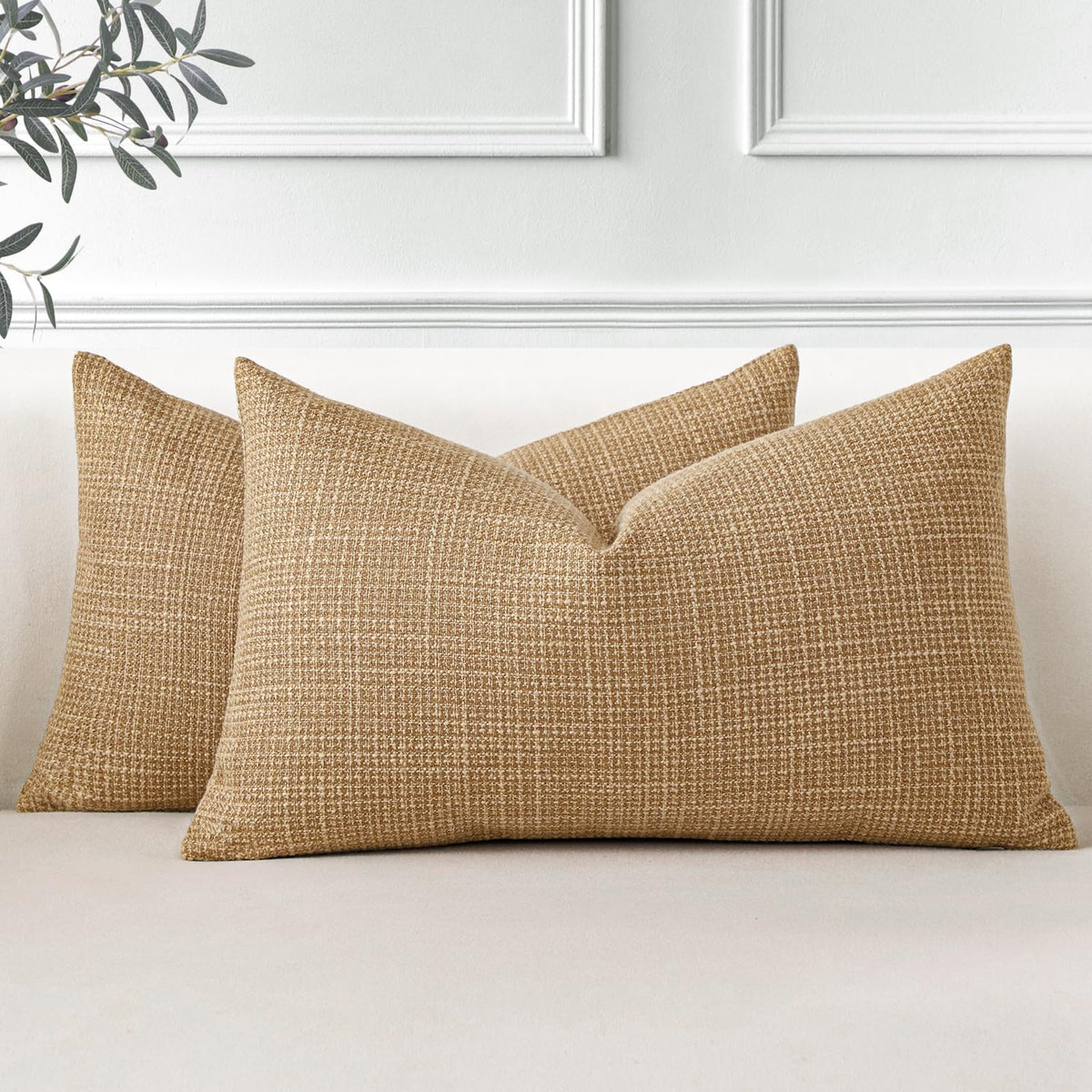 OTOSTAR Pack of 2 Throw Pillow Covers 16x24 Inch Linen Light Brown Pillowcases Farmhouse Decorative Solid Pillow Covers 40x60 cm