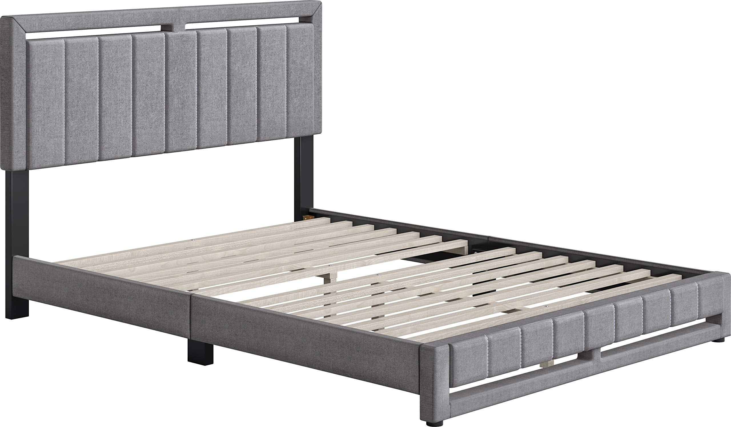 Boyd Sleep Beaumont Upholstered Platform Bed with Headboard, Mattress Foundation with Strong 14 Wood Slat Supports, No Box Spring Required, Gray Linen, Size Queen