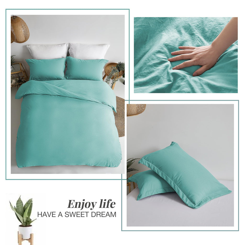 Mildly Super Soft Duvet Cover - 100% Washed Microfiber Turquoise Comforter Cover Set 3 Pieces With Zipper Closure & Corner Ties