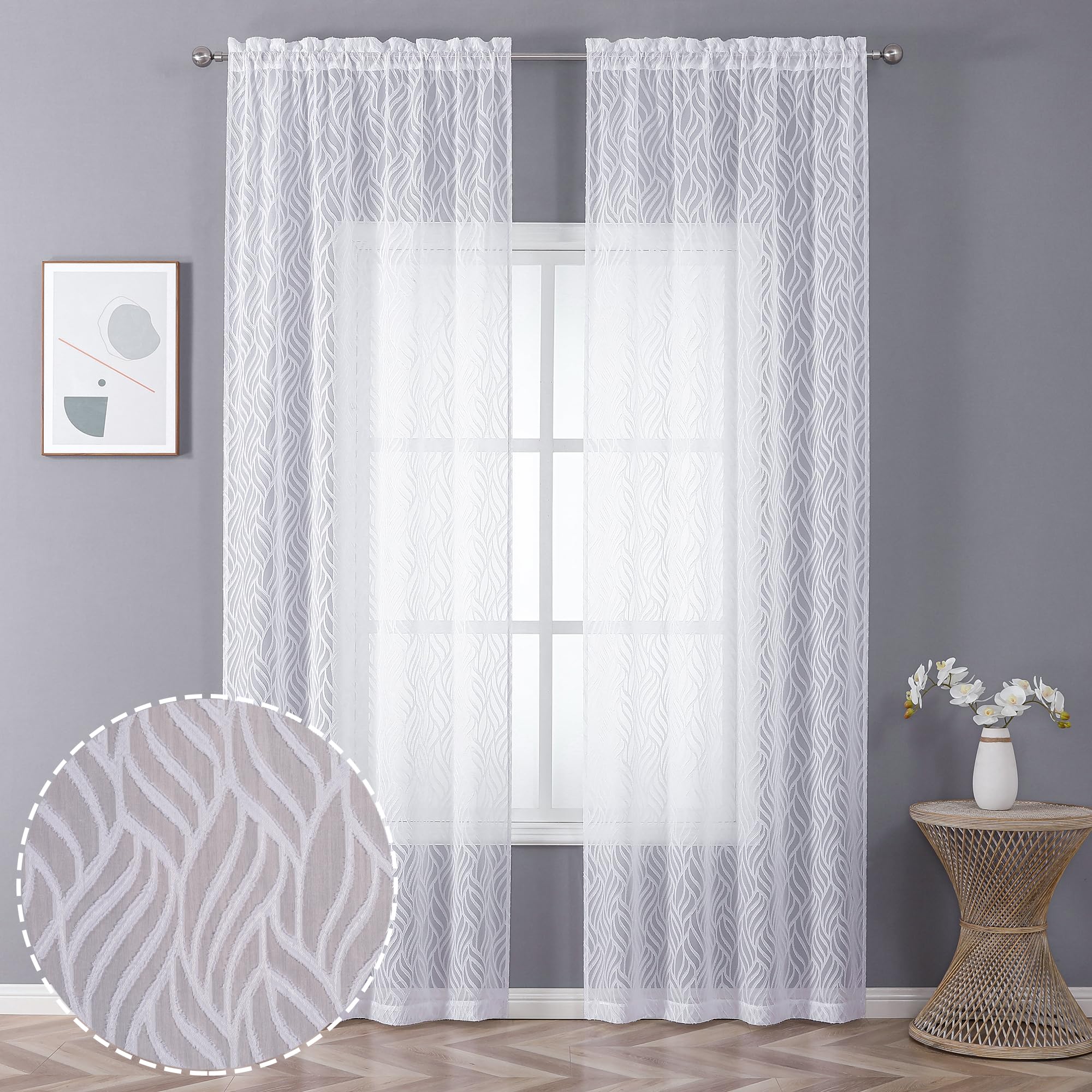 Chyhomenyc Marilyn White Sheer Curtains 96 Inch Length 2 Panels, Light Filtering Soft 3D Leaf Clip Jacquard Textured Sheer Curta