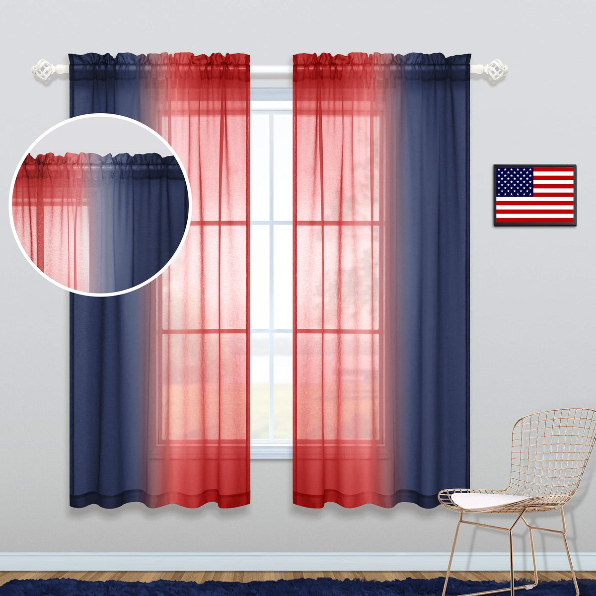 Patriotic Decorations For The Home Set Of 2 Sheer Panels Rainbow Kids Teen Boys Bedroom Students Classroom Backdrops Navy Blue A