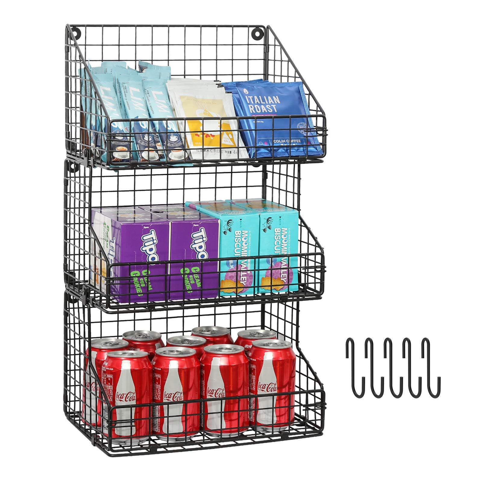 X-cosrack 3-Tier Stackable Detachable Snack Organizer (Large Size), Countertop Display/Wall Mounted Shelf with 5 Hooks Wire Bask