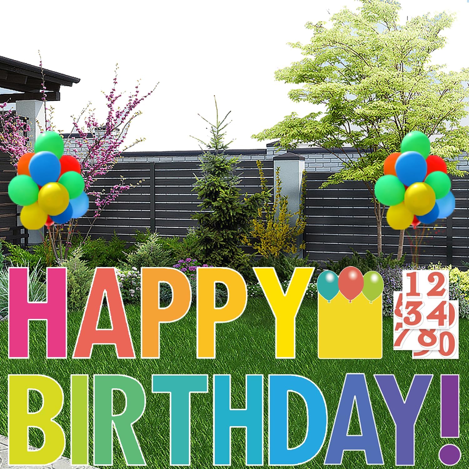 Happy Birthday Yard Sign With Stakes, Personalized Age Signs With 20 Number Stickers, Bright Rainbow Color, 15' Big Size