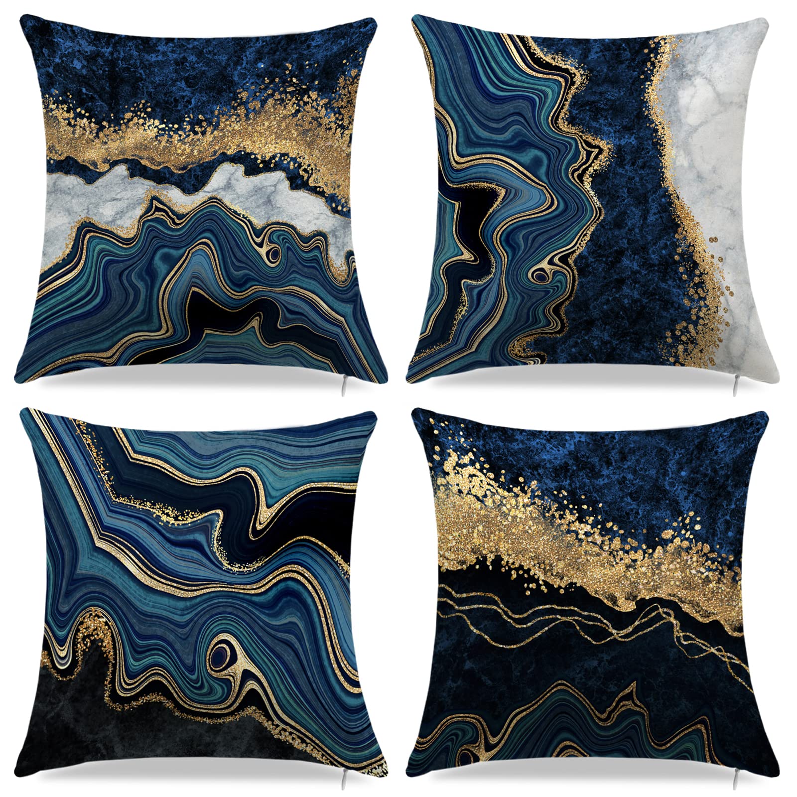 Blue And Gold Throw Pillows Covers, Decorative Gold And Blue Abstract Marble Pillow Covers 18' X 18', Blue And Gold Cushion Co