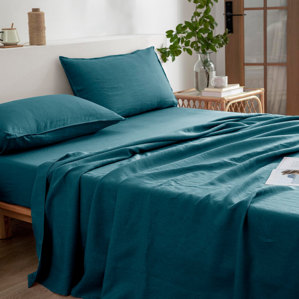 Everly Linen California King Sheets Set, 100% Stonewashed French Linen Bed Sheets Deep Pocket Sheets, 4 Pieces (1 Flat Sheet, 1