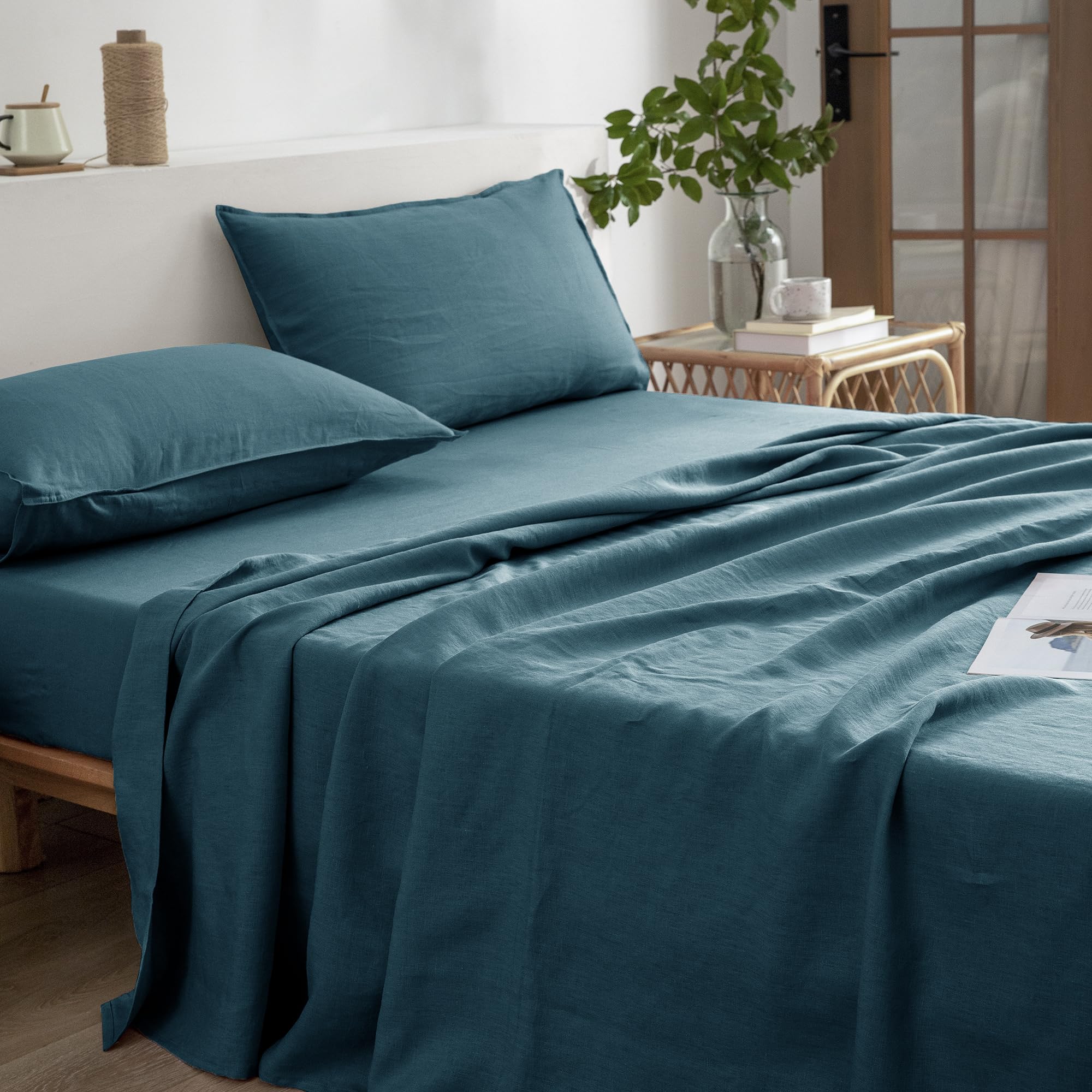 Everly Linen California King Sheets Set, 100% Stonewashed French Linen Bed Sheets Deep Pocket Sheets, 4 Pieces (1 Flat Sheet, 1