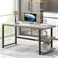 FOLUBAN Computer Desk, Modern Home Office Desk with Shelves, Wood Writing Study Gaming Table for Living Room Bedroom, Light Grey