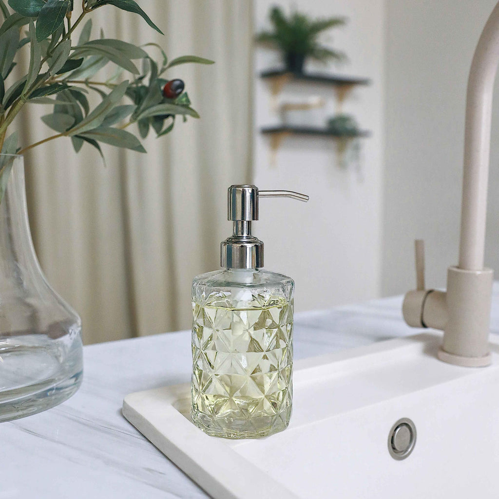 Jasai 2Pack Diamond Embossed Glass Soap Dispenser With 304 Rustproof Stainless Steel Pump, 12 Oz Bathroom Soap Dispenser With A