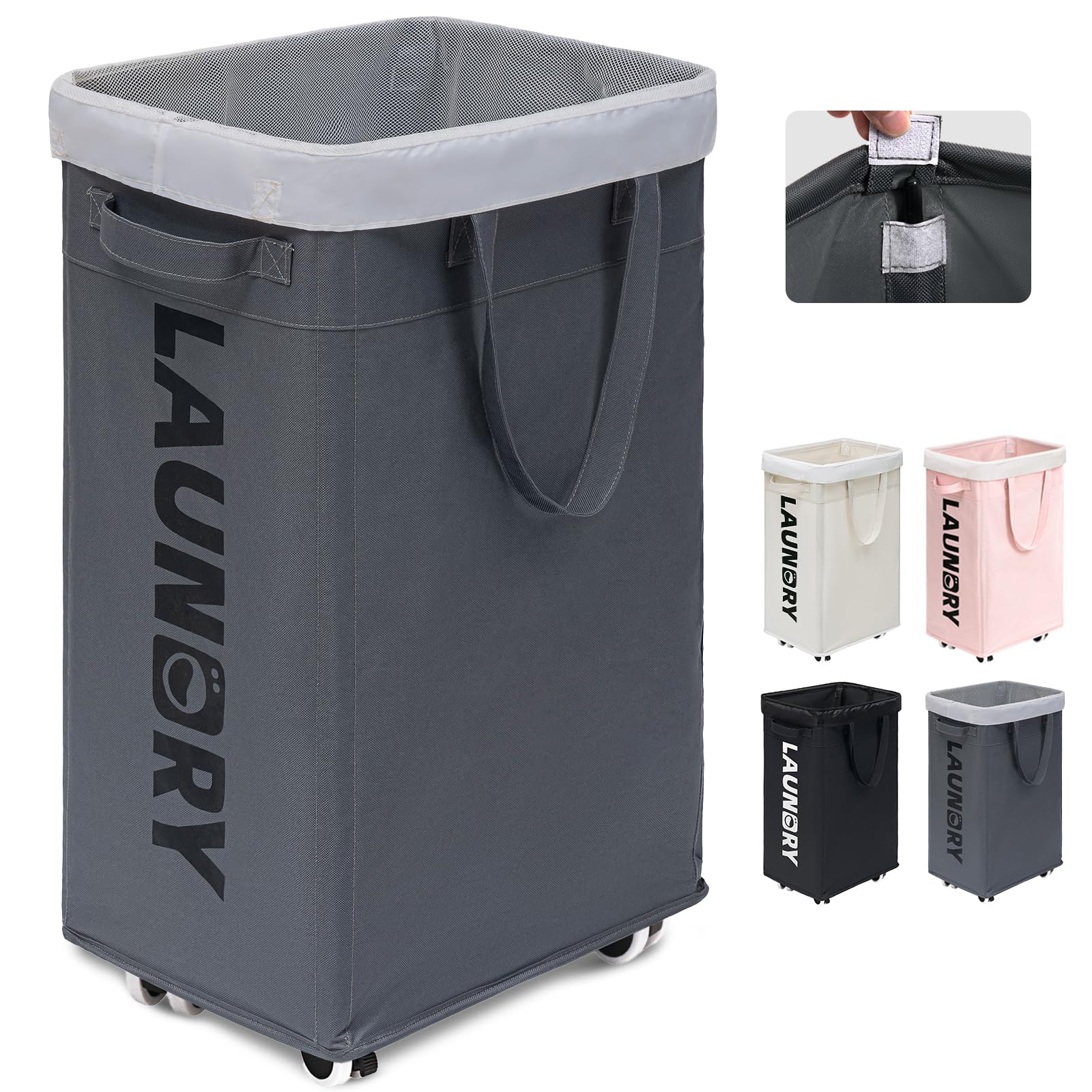 Goodpick Laundry Basket with Wheels, 75L Collapsible Large Laundry Hamper, Slim Laundry Basket with Removable Wash Bag for Corne