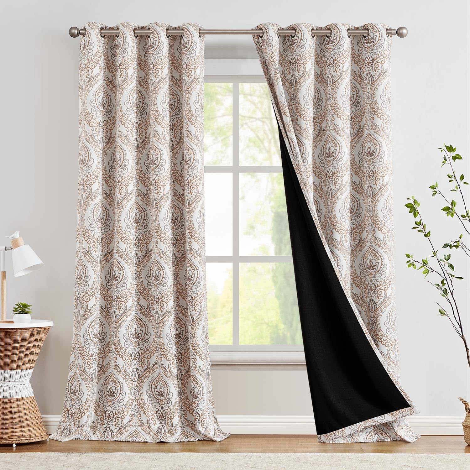 Jinchan 100% Blackout Curtains 96 Inches Long Brown Damask Medallion Window Curtains For Bedroom Grommet Thermal Insulated Drapes For Living Room Vintage Luxury Window Treatments Set 2 Panels