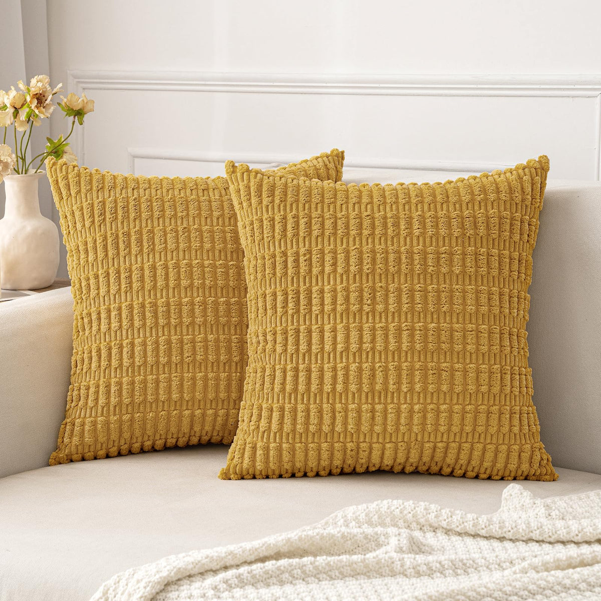 Miulee Pack Of 2 Corduroy Decorative Throw Pillow Covers 16X16 Inch Soft Boho Striped Pillow Covers Modern Farmhouse Fall Home D