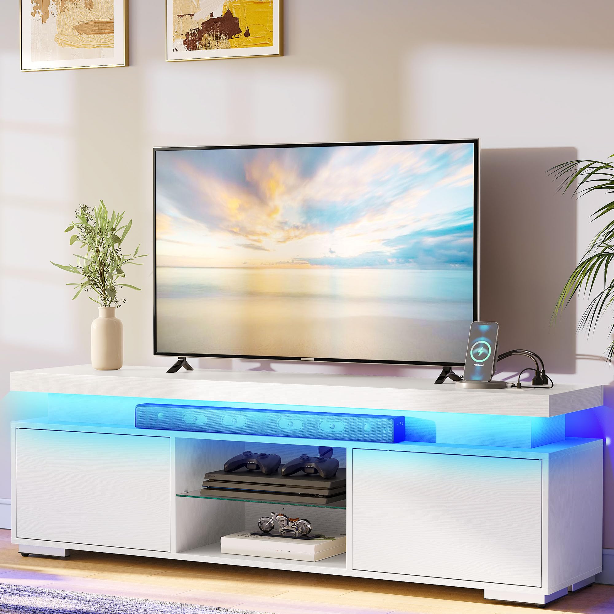 YITAHOME White TV Stands for Living Room, TV Stand for 65 inch TV, Entertainment Center with Storage,Modern TV Stand with Power 