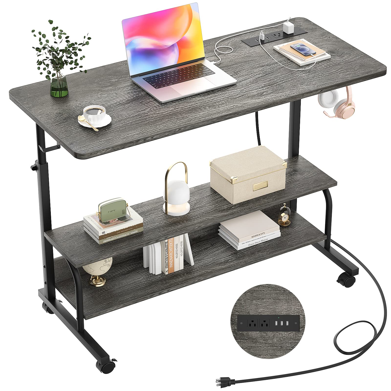 Height Adjustable Standing Desk with Power Outlets, 39'' Manual Stand Up Desk with Storage Shelves Small Mobile Rolling Computer
