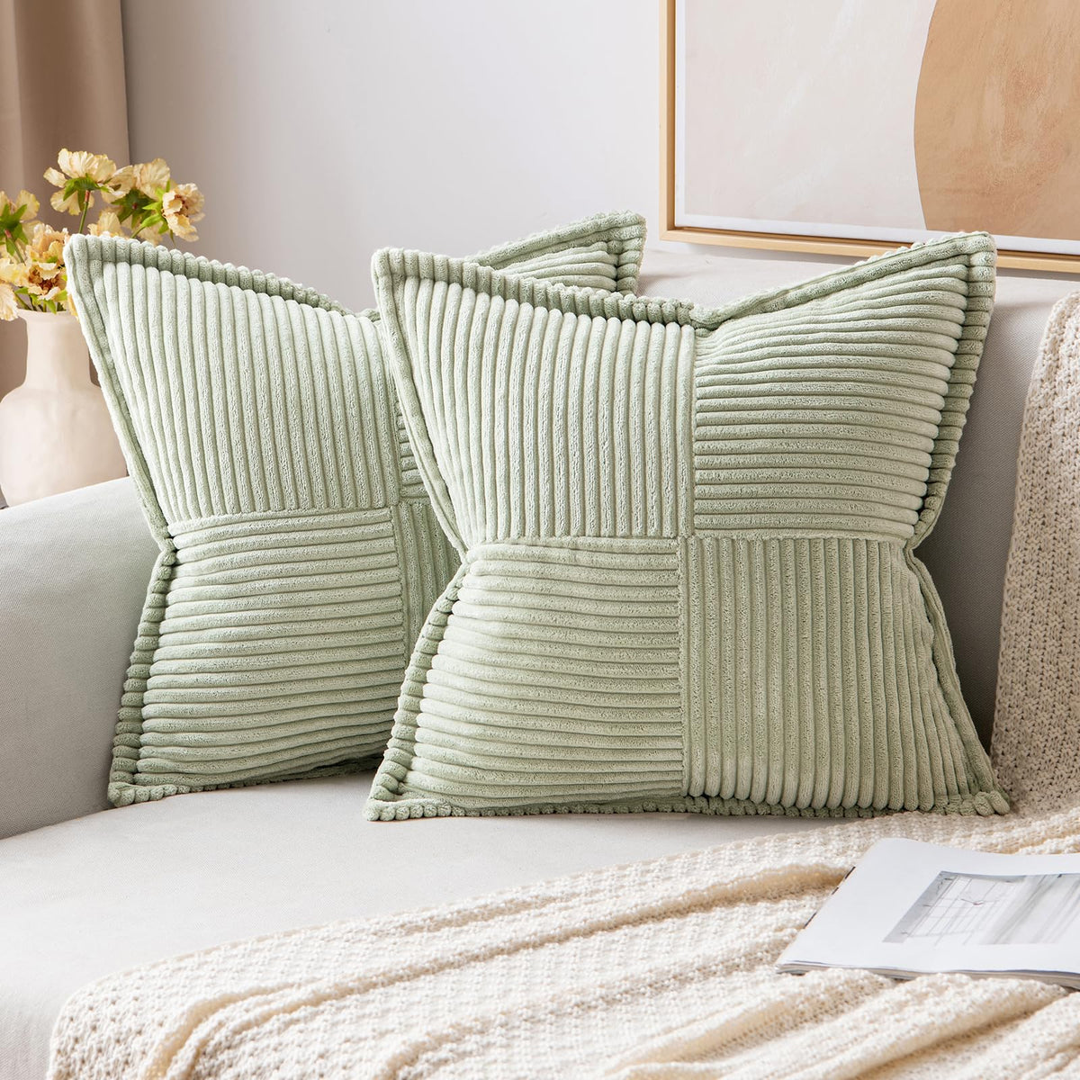 Miulee Light Green Corduroy Pillow Covers 20X20 Inch With Splicing Set Of 2 Super Soft Boho Striped Pillow Covers Broadside Deco