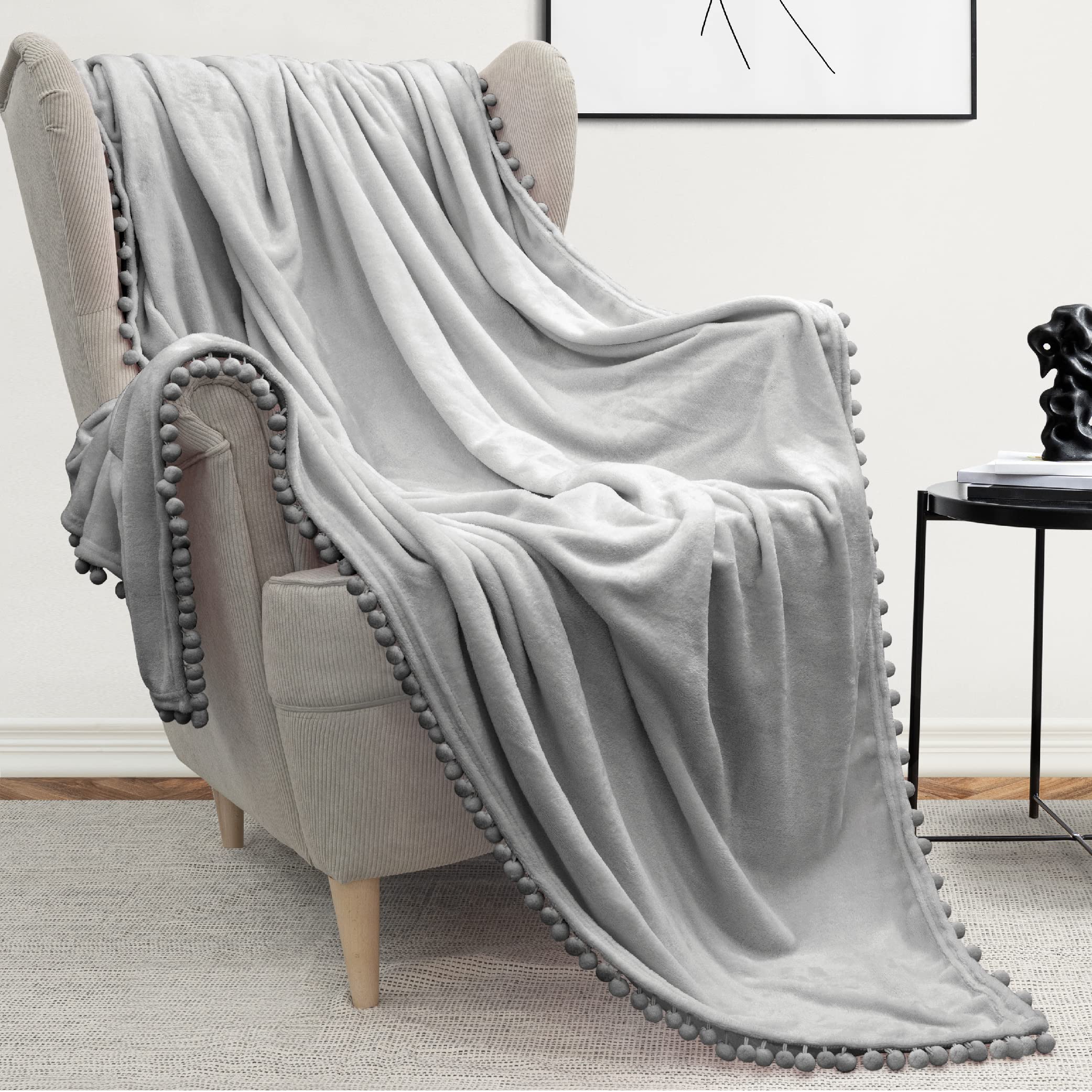 Pavilia Pom Pom Blanket Throw Twin, Light Gray Silver | Soft Fleece Pompom Fringe Blanket For Couch Bed Sofa | Decorative Cozy P