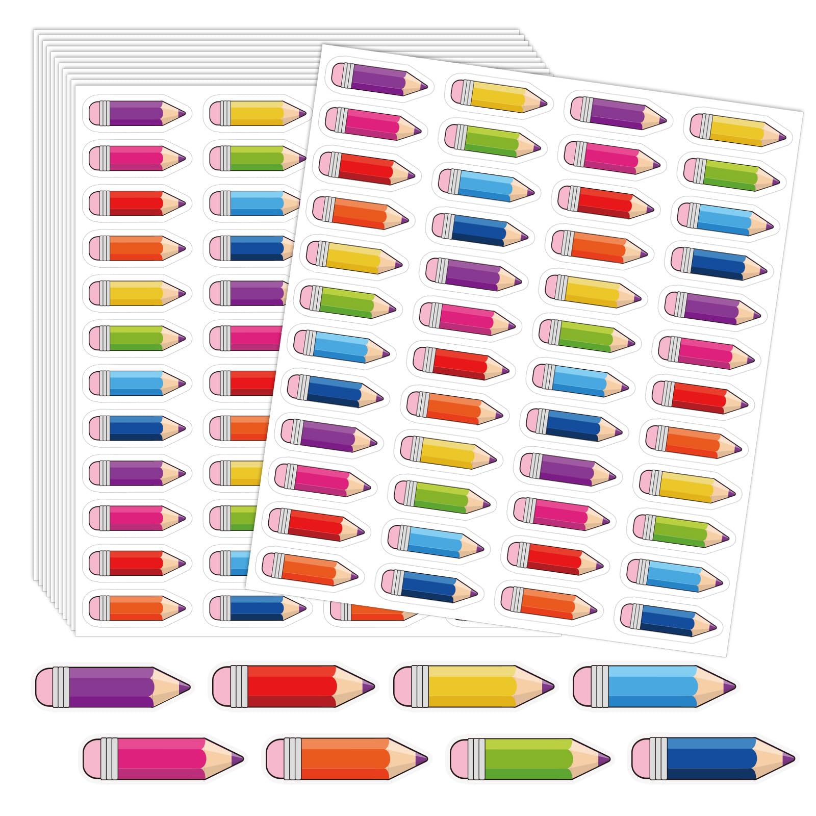 Whaline 480Pcs Colorful Pencil Sticker Labels Back To School Sticker Pencils Assorted Stickers Classroom Bulletin Board Decorati