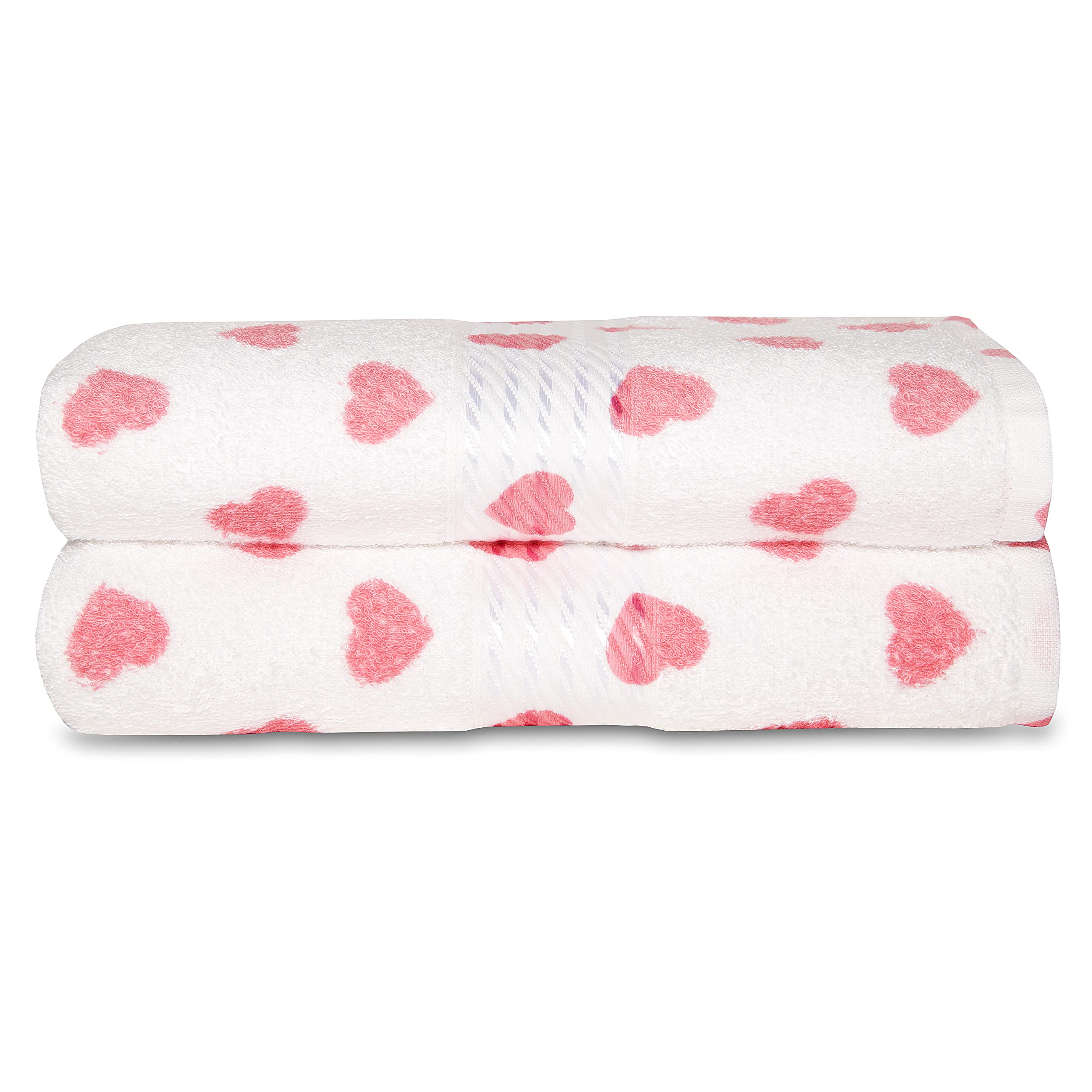Cackleberry Home Hearts All Over Bathroom Cotton Terry Hand Towels 20 W x 30 L Inches, Set of 2 (Pink)