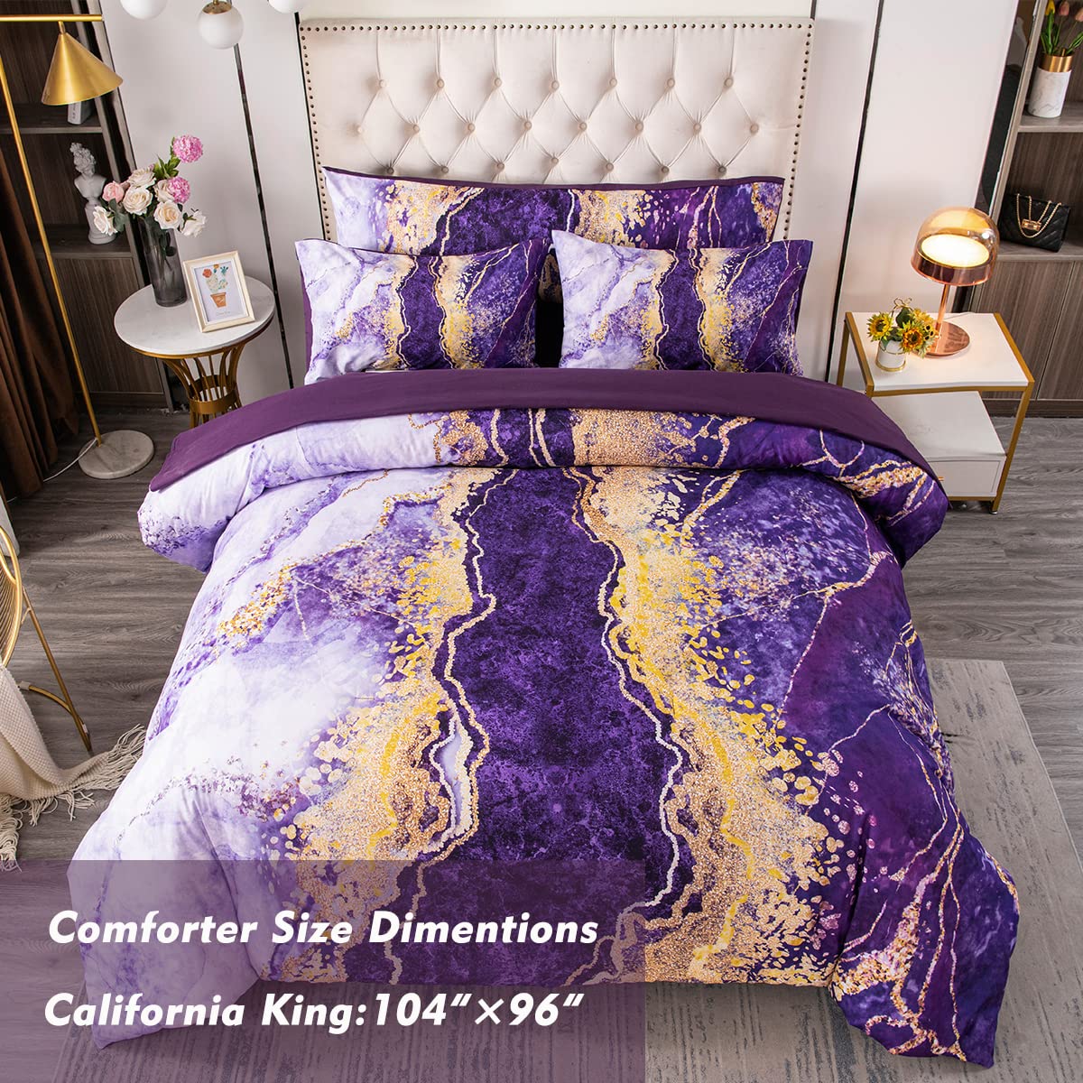 Perfemet Purple Comforter Set California King 6 Pieces Colorful Marble Patterned Bedding Comforter With Sheets Watercolor Abstra