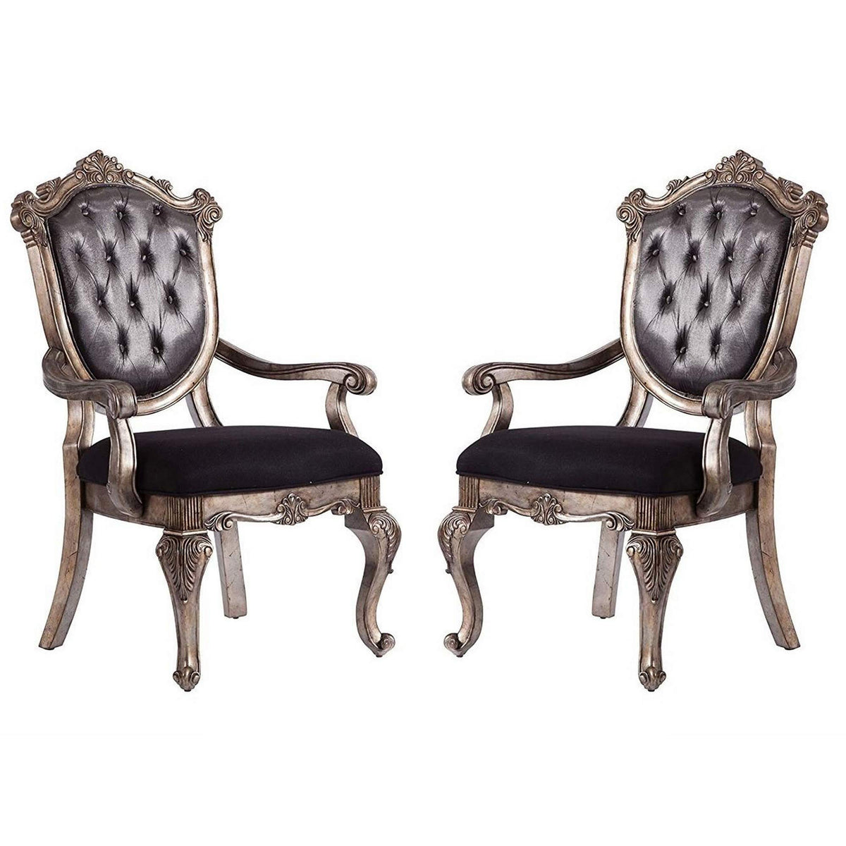Benjara Wooden Arm Chair With Button Tufted Padded Backrest,Set Of 2, Gray