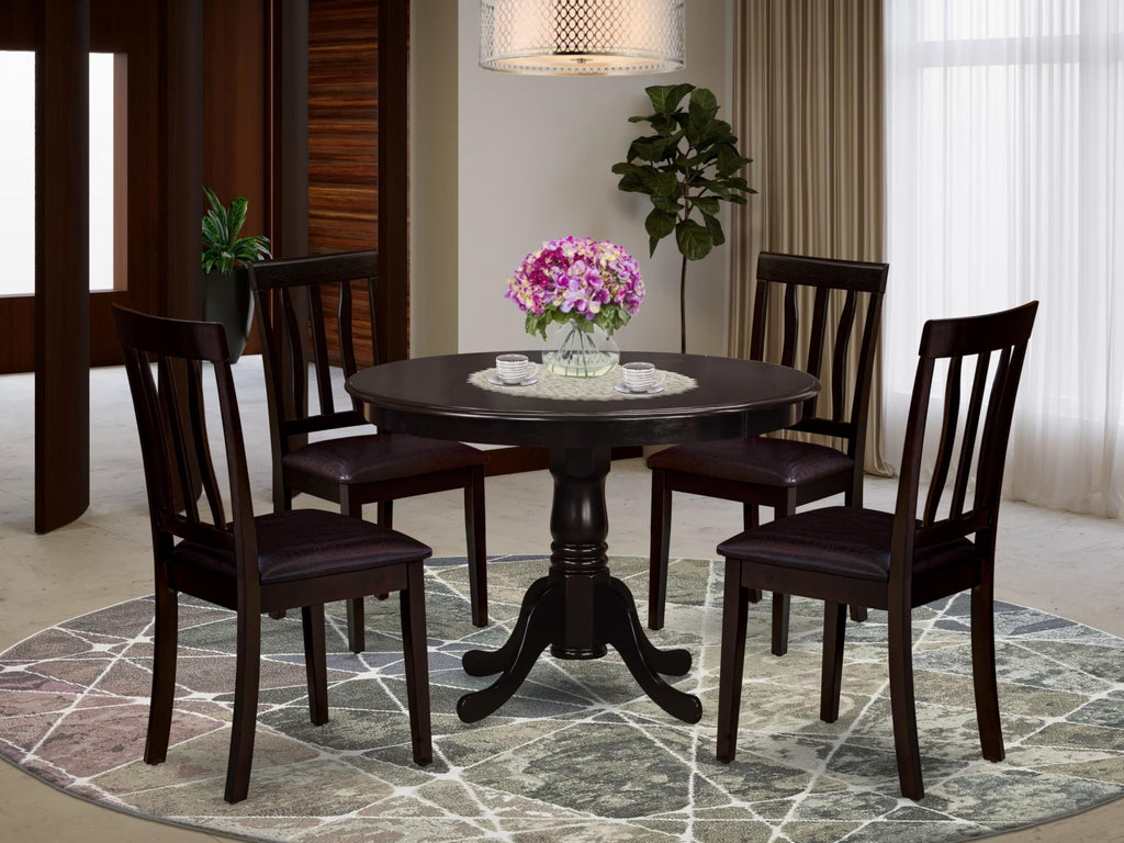 East West Furniture HLAN5-CAP-LC 5 Piece Dining Table Set for 4 Includes a Round Kitchen Table with Pedestal and 4 Faux Leather Dining Room Chairs, 42x42 Inch, Cappuccino
