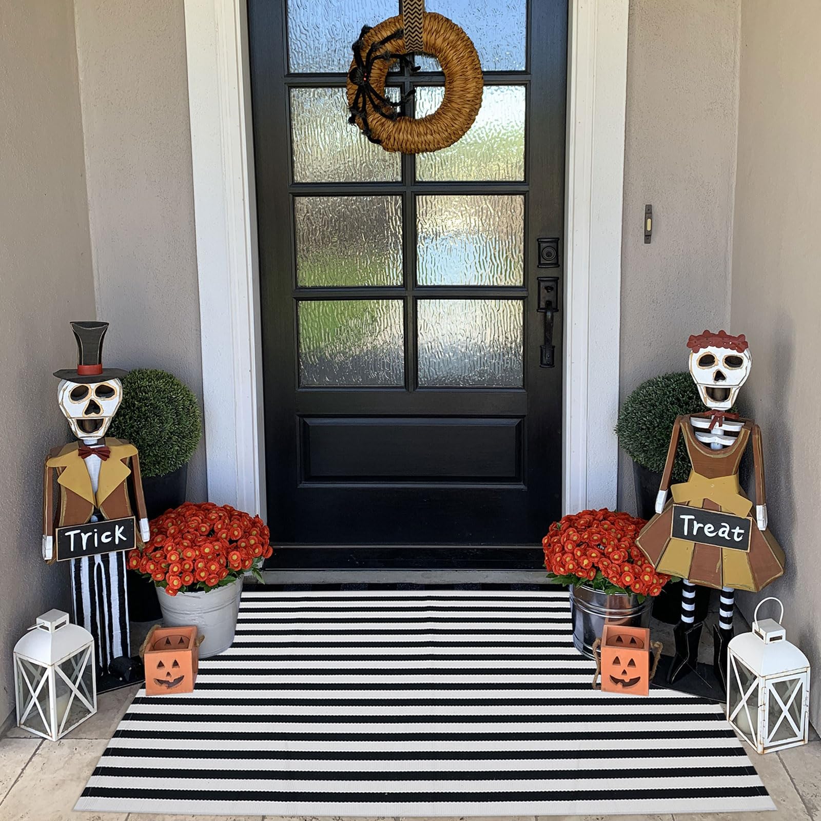 Black and White Striped Outdoor Rug Halloween Front Porch Rug Washable Farmhouse Fall Layered Door Mat Cotton Hand-Woven Welcome