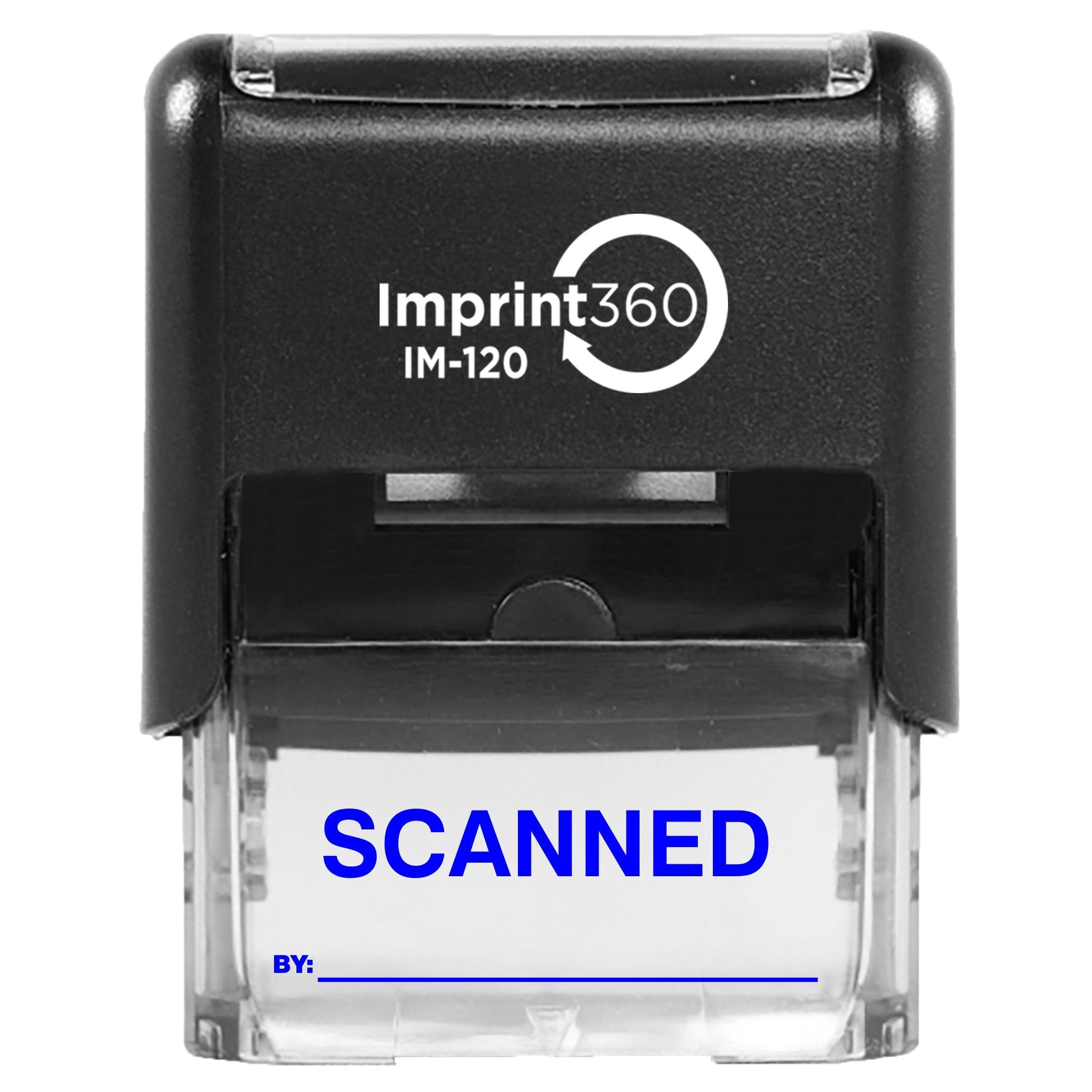 Supply360 As-Imp1122B - Scanned Stamp With By: Line, Blue Ink, Heavy Duty Commerical Self-Inking Rubber Stamp, 9/16 ' X 1-1/2 '