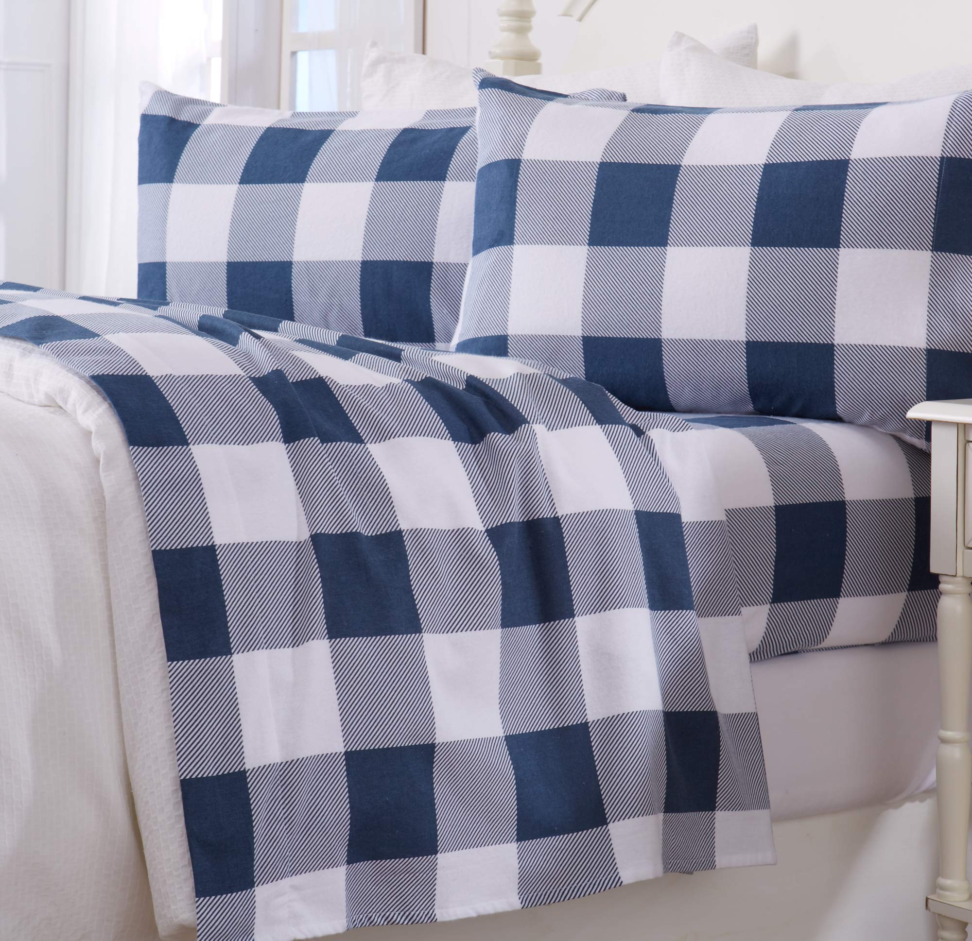 Great Bay Home 4 Piece 100% Turkish Cotton California King Navy Printed Flannel Sheets Set | Deep Pocket, Soft Sheets | Warm, Do