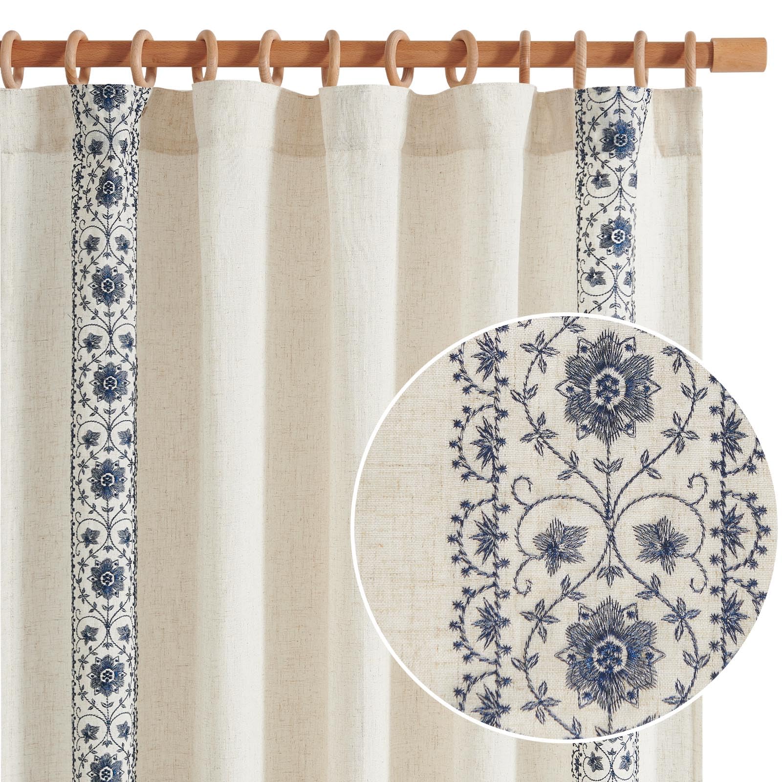 Jinchan Linen Curtains For Bedroom Blue Vintage Floral Farmhouse Curtains 63 Inch Length Boho Curtains For Living Room Embroider