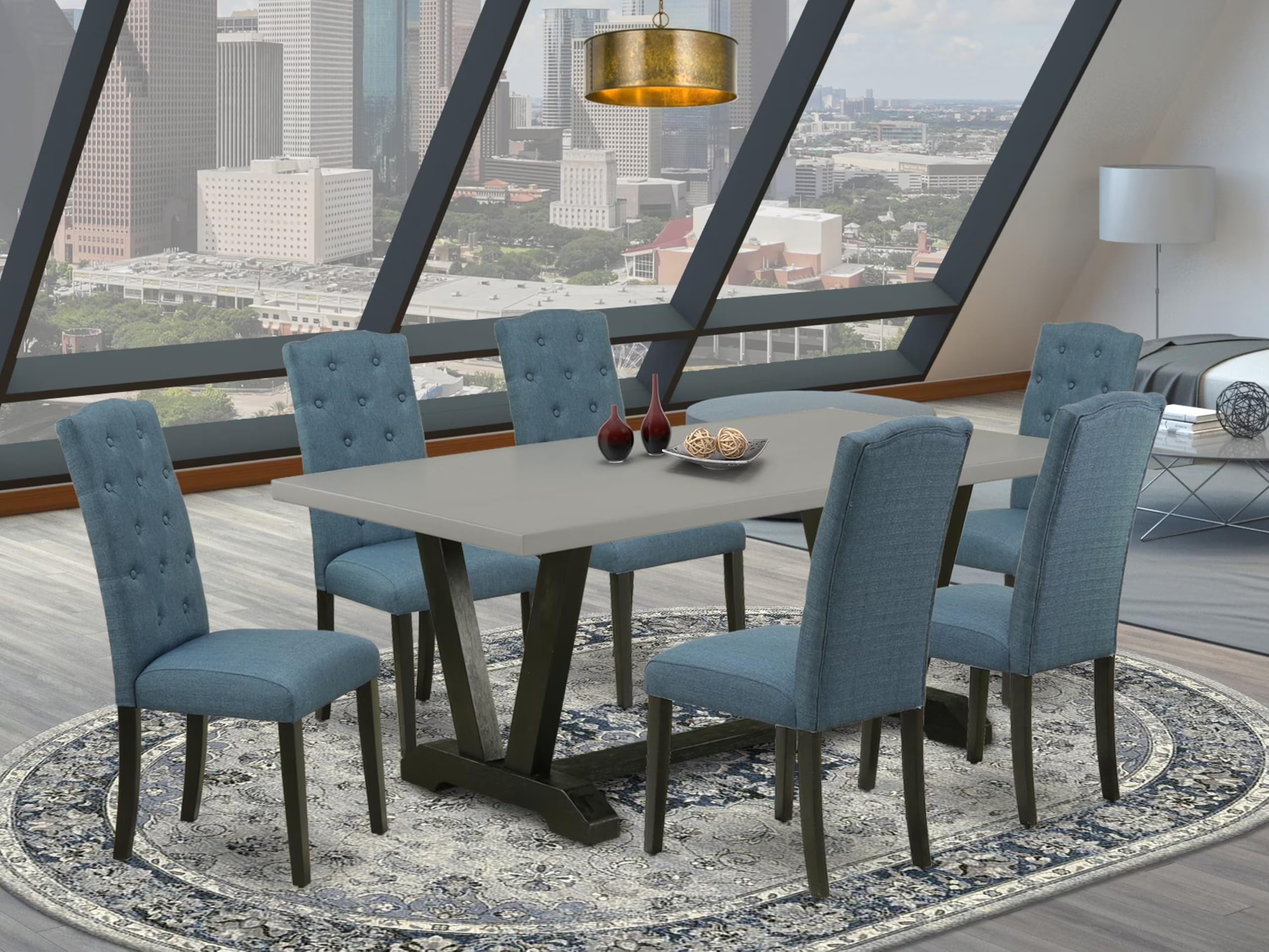 East West Furniture V697Ce121-7 7 Piece Dining Room Set Consist Of A Rectangle Dining Table With V-Legs And 6 Mineral Blue Linen Fabric Parson Chairs, 40X72 Inch, Multi-Color