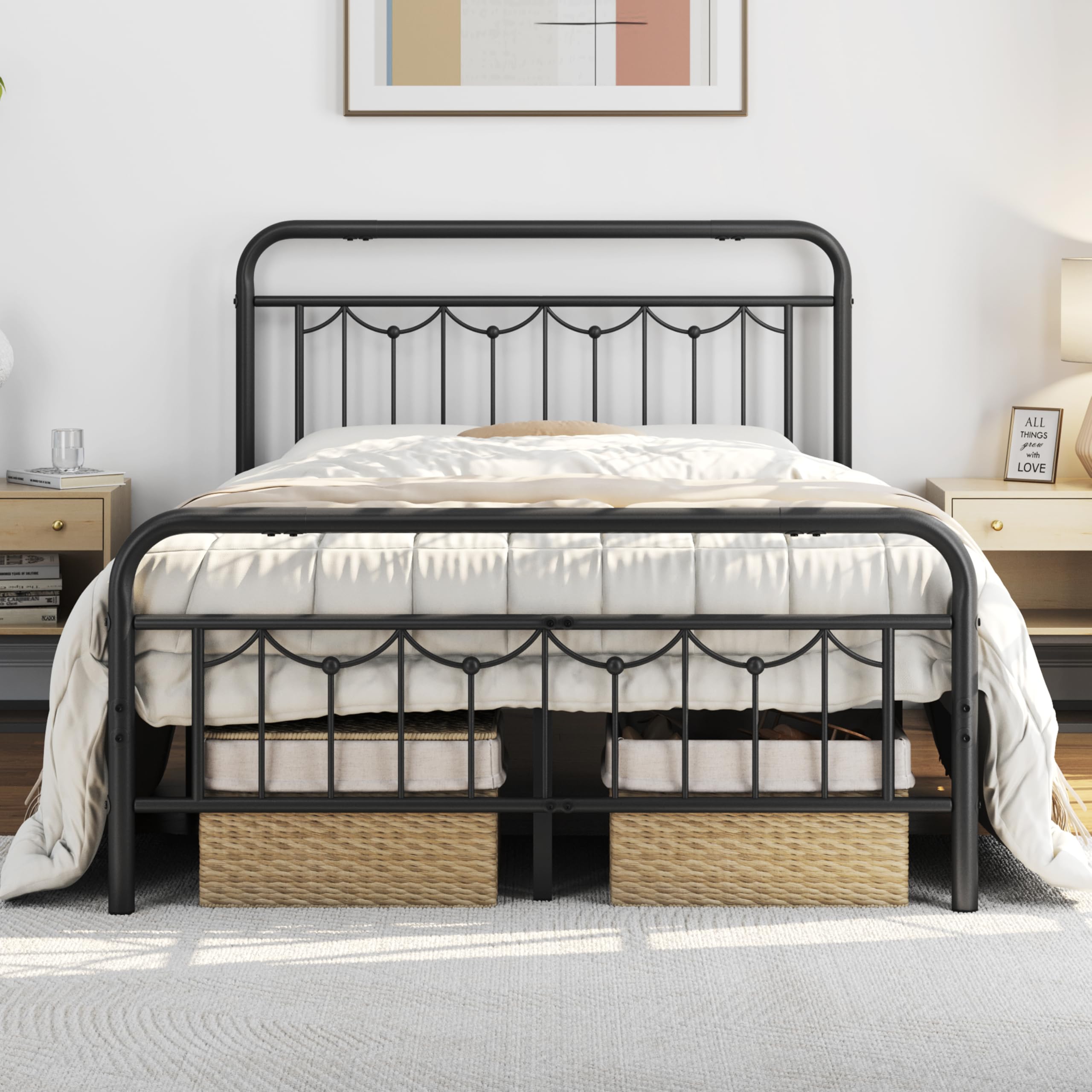 Yaheetech Full Size Metal Bed Frames with Vintage Headboard and Footboard, Farmhouse Metal Platform Bed, Heavy Duty Steel Slat S